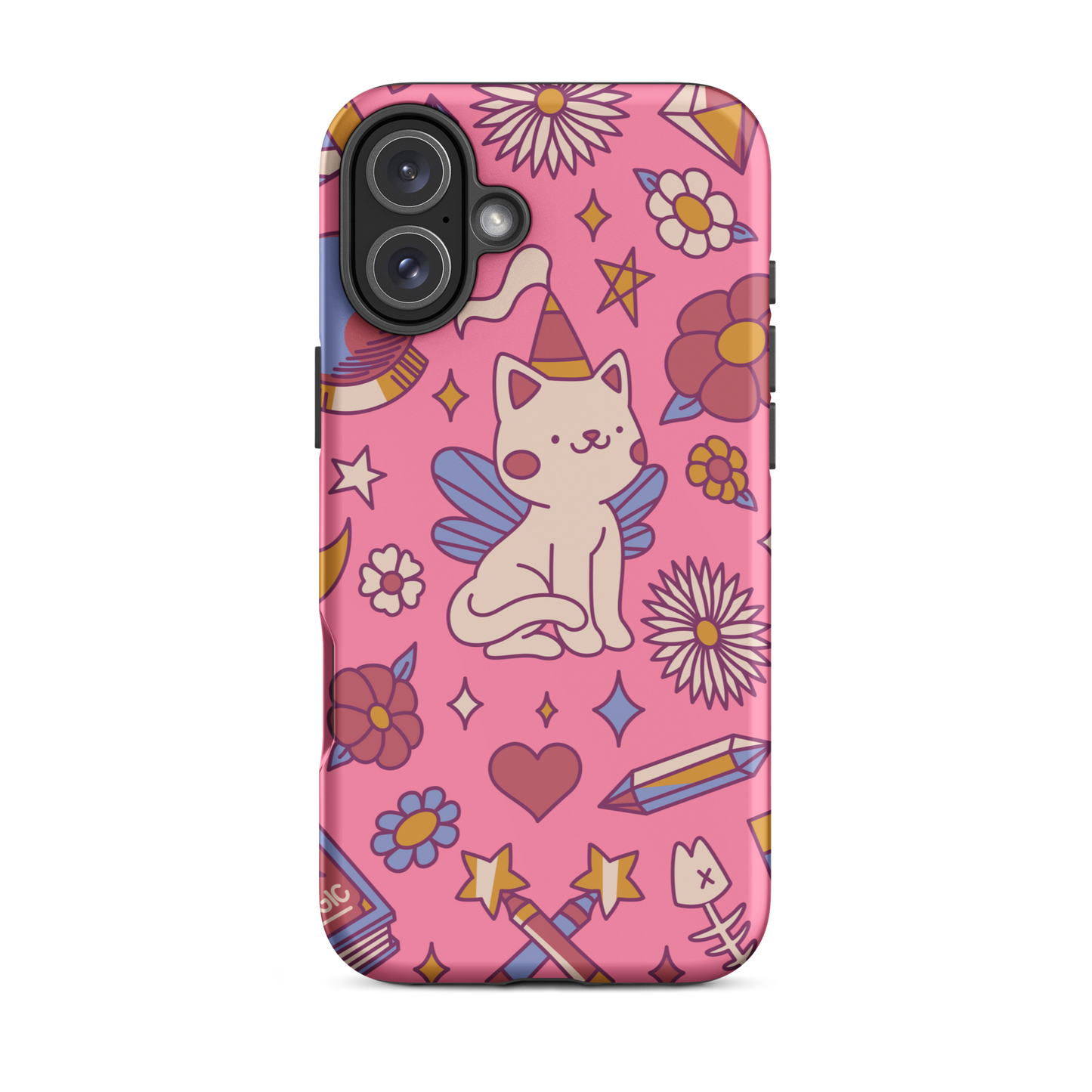 A seamless pattern featuring a magical winged kitten surrounded by crystals, flowers, tarot cards, mushrooms and other mystical elements in soft pastel tones. A playful and whimsical design with a cute, magical vibe.