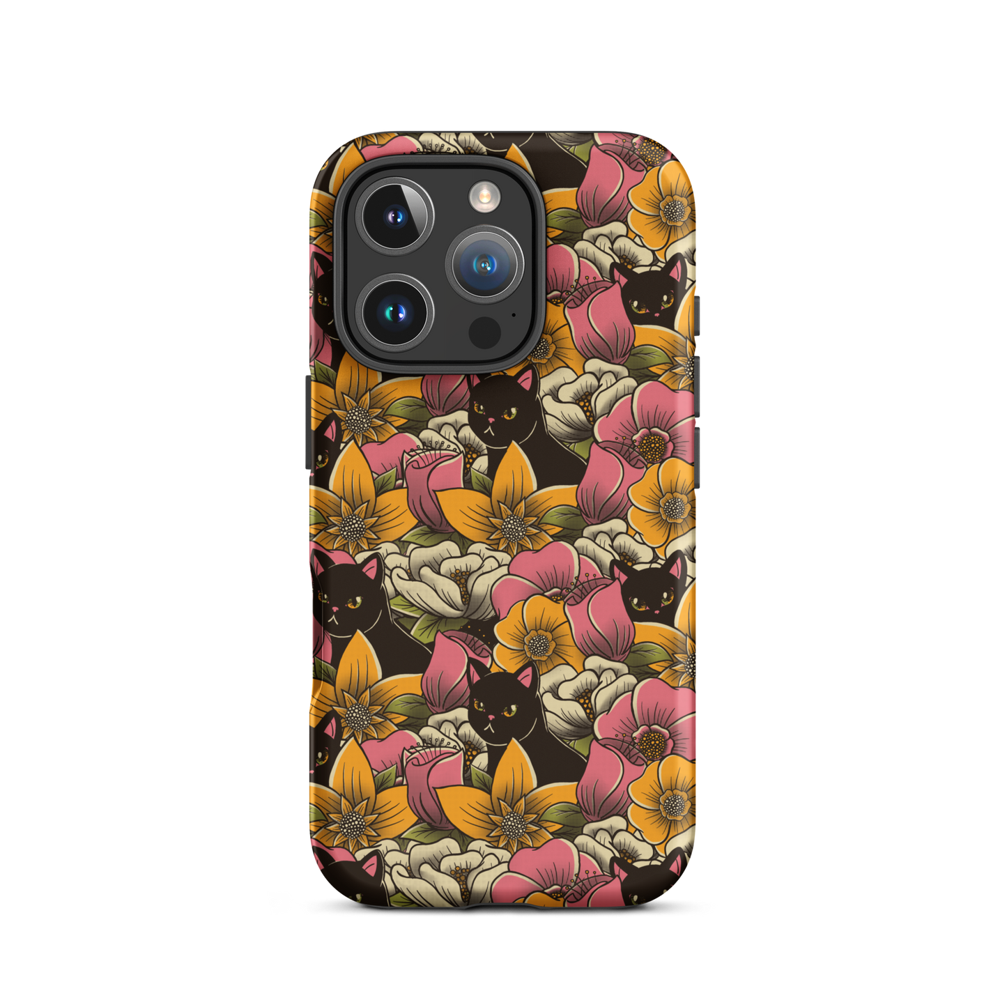 The image features a repeating pattern of colorful flowers in pink, yellow, and cream hues with lush green foliage. Interspersed among the flowers are playful black cats with bright eyes. The design has a whimsical and vibrant feel, ideal for various products like t-shirts, stickers, coffee cups, and skateboards. The style is reminiscent of traditional floral art blended with playful elements of animal decor.