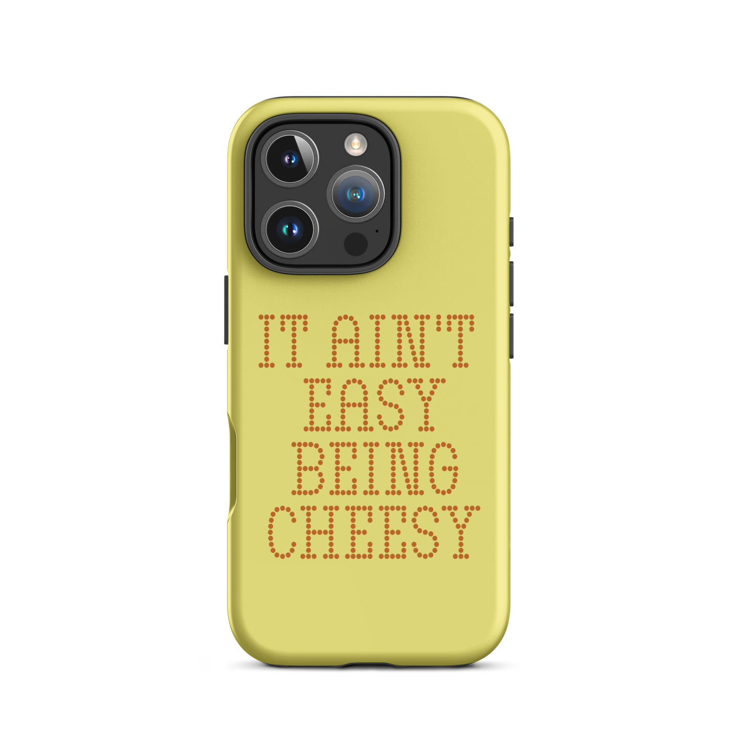 Bold dotted typography spells out ‘It Ain’t Easy Being Cheesy’ in a playful retro style on a yellow background. This funny design mixes wordplay with foodie humor, perfect for pun lovers, cheese fans, retro humor enthusiasts, and anyone who embraces the cringe with pride. A great quirky gift for cheese lovers and humor fans alike.