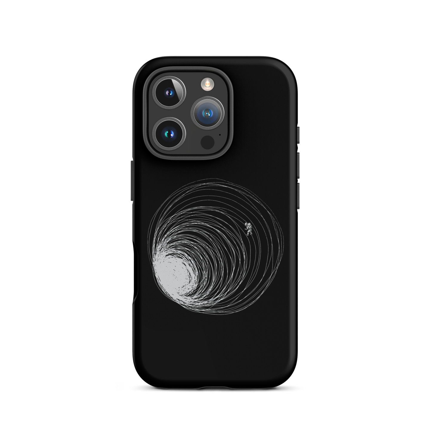 A big black hole with an astronaut floating around as if being sucked into it. A minimalist art perfect for those who love space.