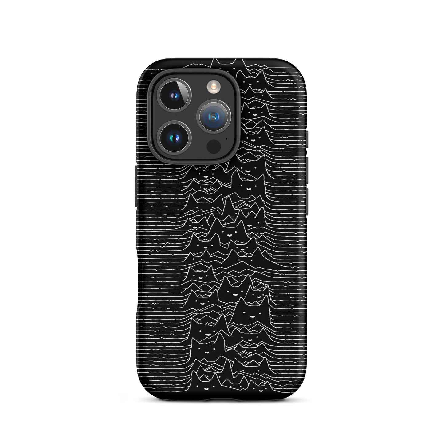 The drawing is a series of continuous wavy lines forming a pattern reminiscent of sound waves or topographic maps, but with an unexpected twist: the lines create the shapes of numerous cat faces stacked vertically. Each cat has simple, expressive features with pointed ears, adding a whimsical element to the otherwise structured pattern.