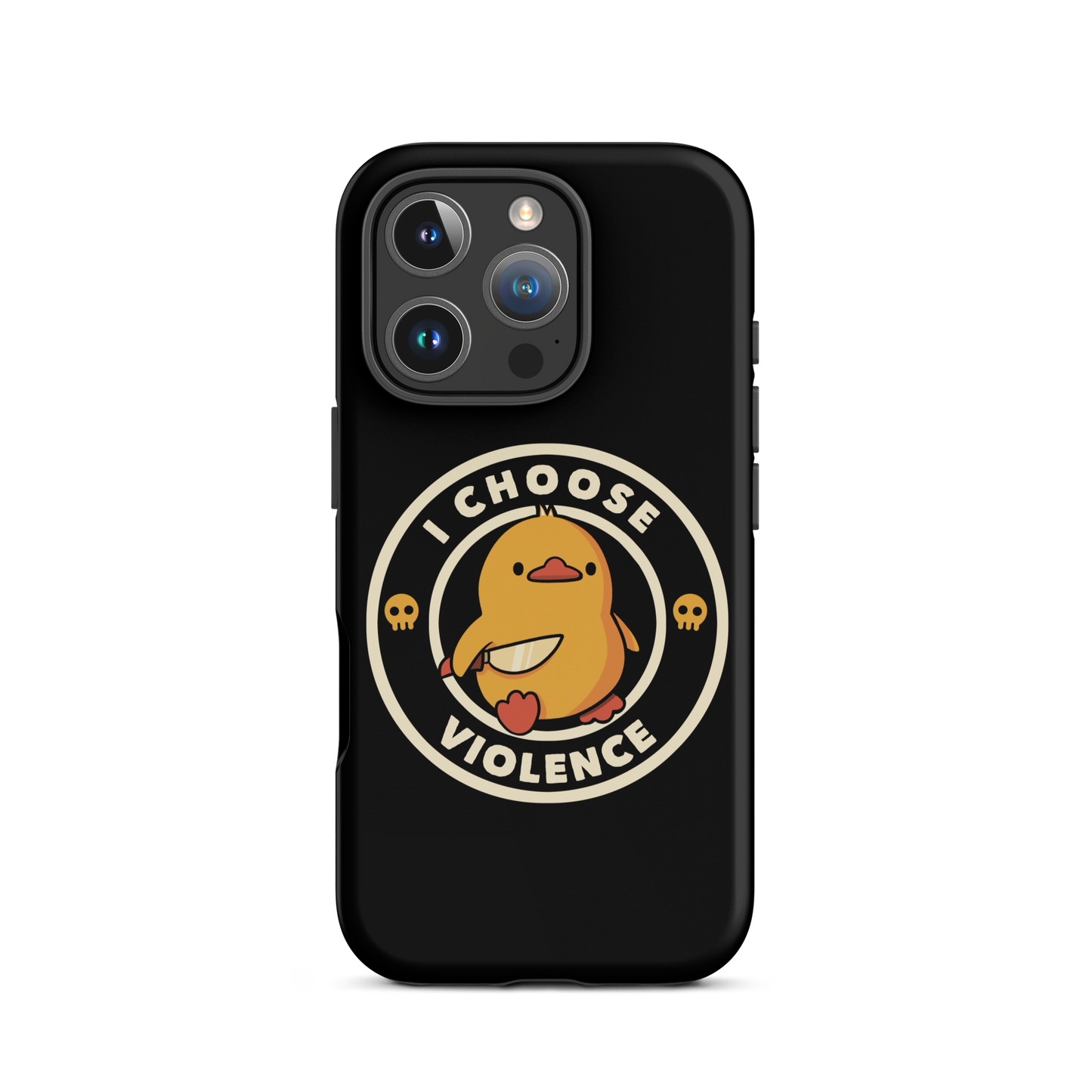 A cute, cartoon-style yellow duckling stands confidently holding a large knife in its wing. The duckling is encircled by text saying 'I CHOOSE VIOLENCE' in bold white letters. Small skull symbols flank the chick on either side, adding a touch of humor and irony to the otherwise adorable drawing.