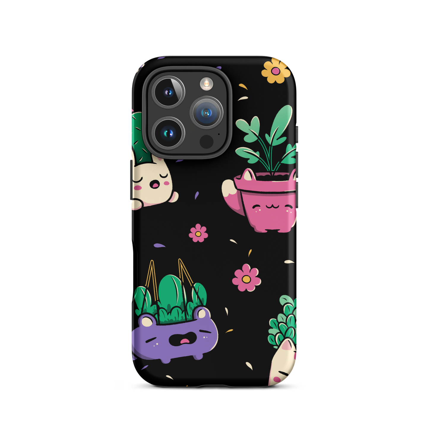 An endearing pattern featuring petite potted plants creatively shaped like adorable animals, arranged in a charming repeating composition. This enchanting design is perfect for plant enthusiasts who adore greenery and love surrounding themselves with whimsical, nature-inspired details.