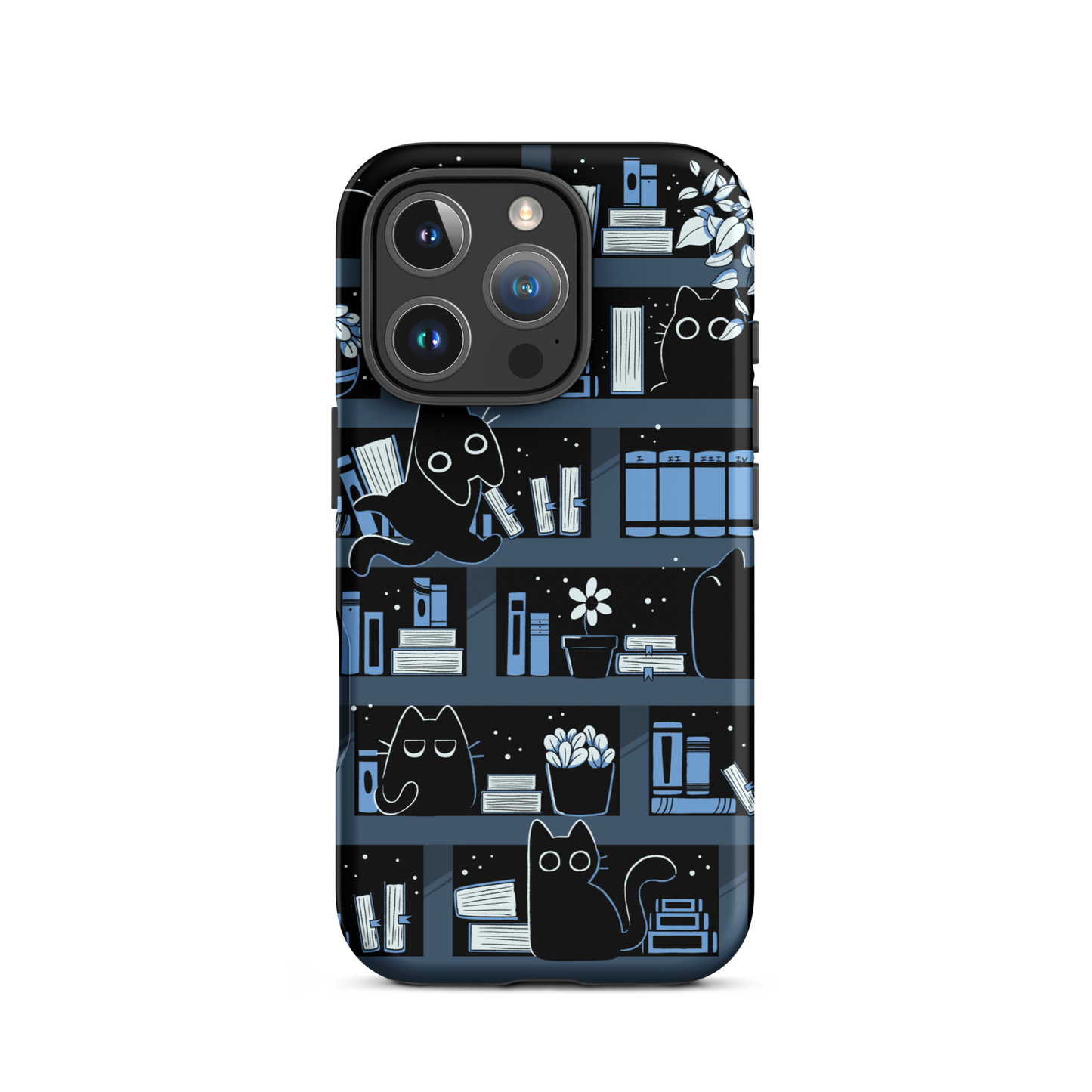 A pattern designed to resemble one large bookshelf filled with books, plants and playful little black kittens tucked between the shelves. An artwork in shades of black and blue, perfect for those who love cats, books and plants.