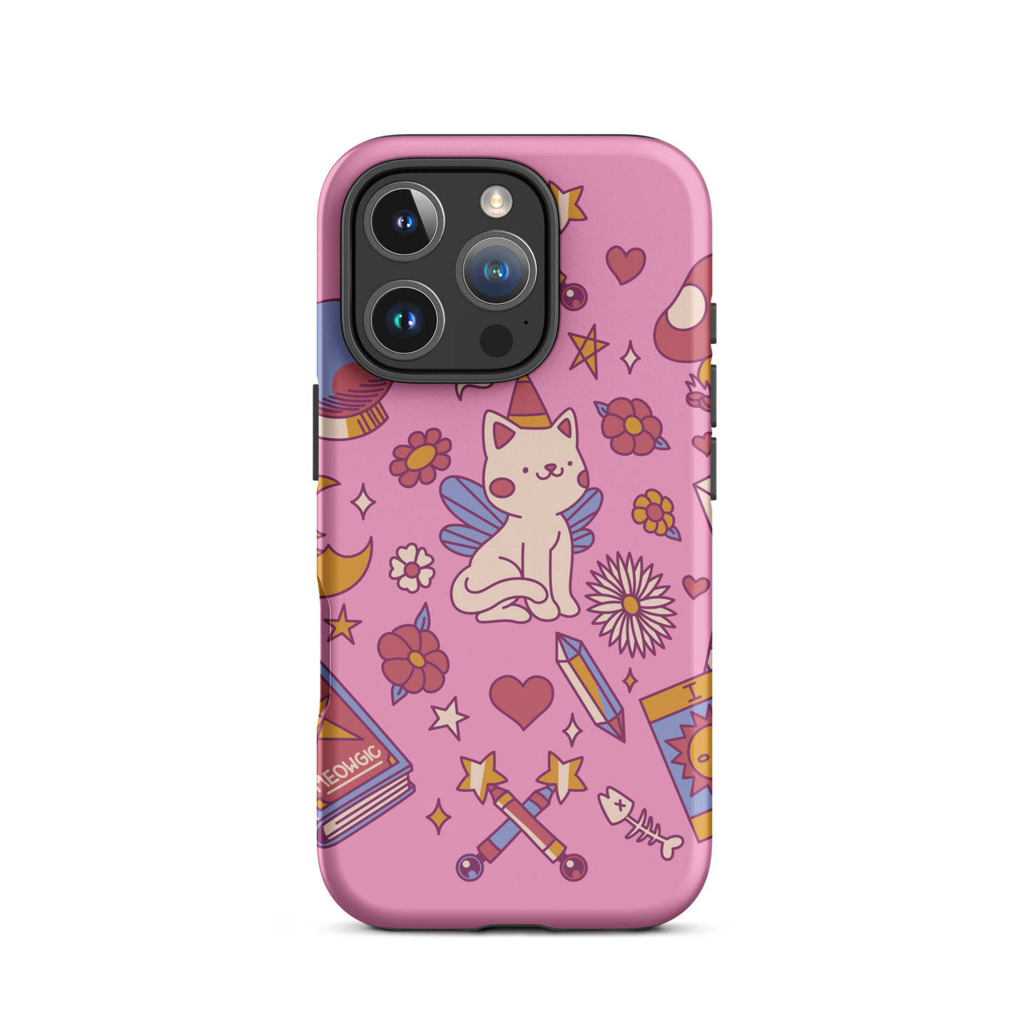 The artwork depicts a magical kitten with wings and a little hat, surrounded by crystals, flowers, tarot cards, mushrooms, and mystical elements in pastel shades. The design blends cute fantasy with colorful witchy aesthetics, creating an enchanting, lighthearted composition full of fun details. Perfect for lovers of cute mysticism, tarot, magical cats, and anyone who enjoys colorful prints with a magical vibe.
