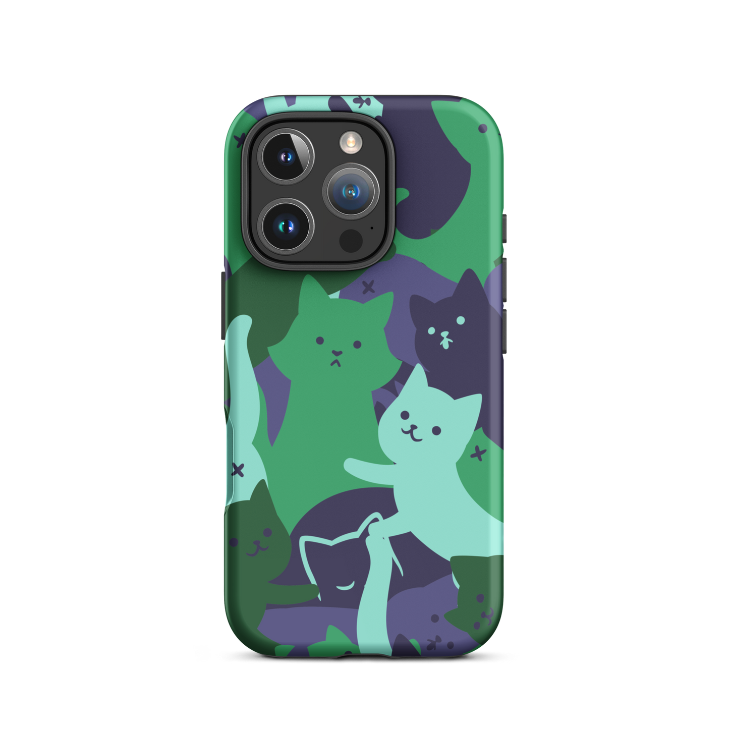 A playful pattern featuring multiple kittens in shades of green and blue, arranged to create a soft camouflage effect. This design blends cute cats with a modern pattern aesthetic, perfect for fans of fun, stylish, and whimsical art.