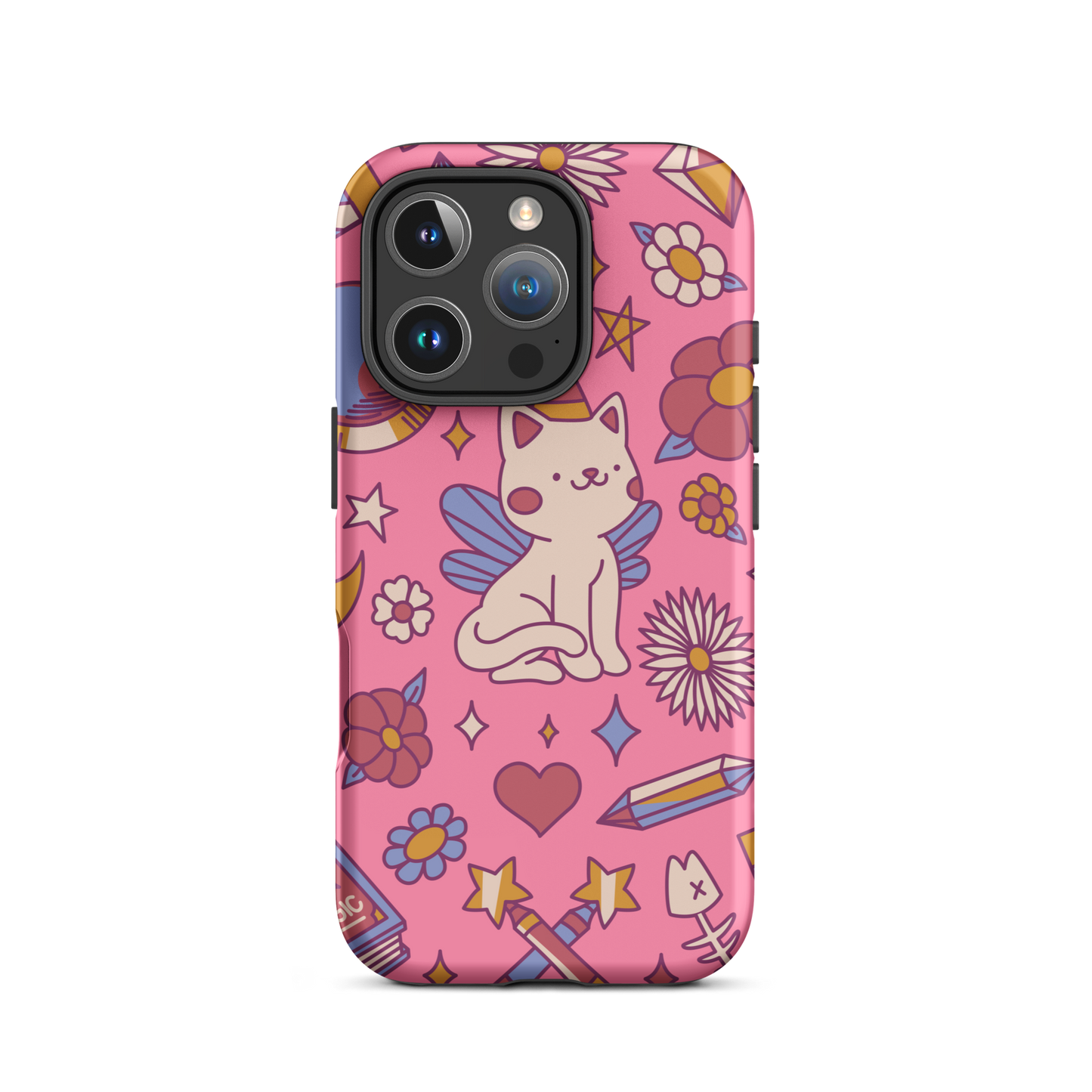 A seamless pattern featuring a magical winged kitten surrounded by crystals, flowers, tarot cards, mushrooms and other mystical elements in soft pastel tones. A playful and whimsical design with a cute, magical vibe.