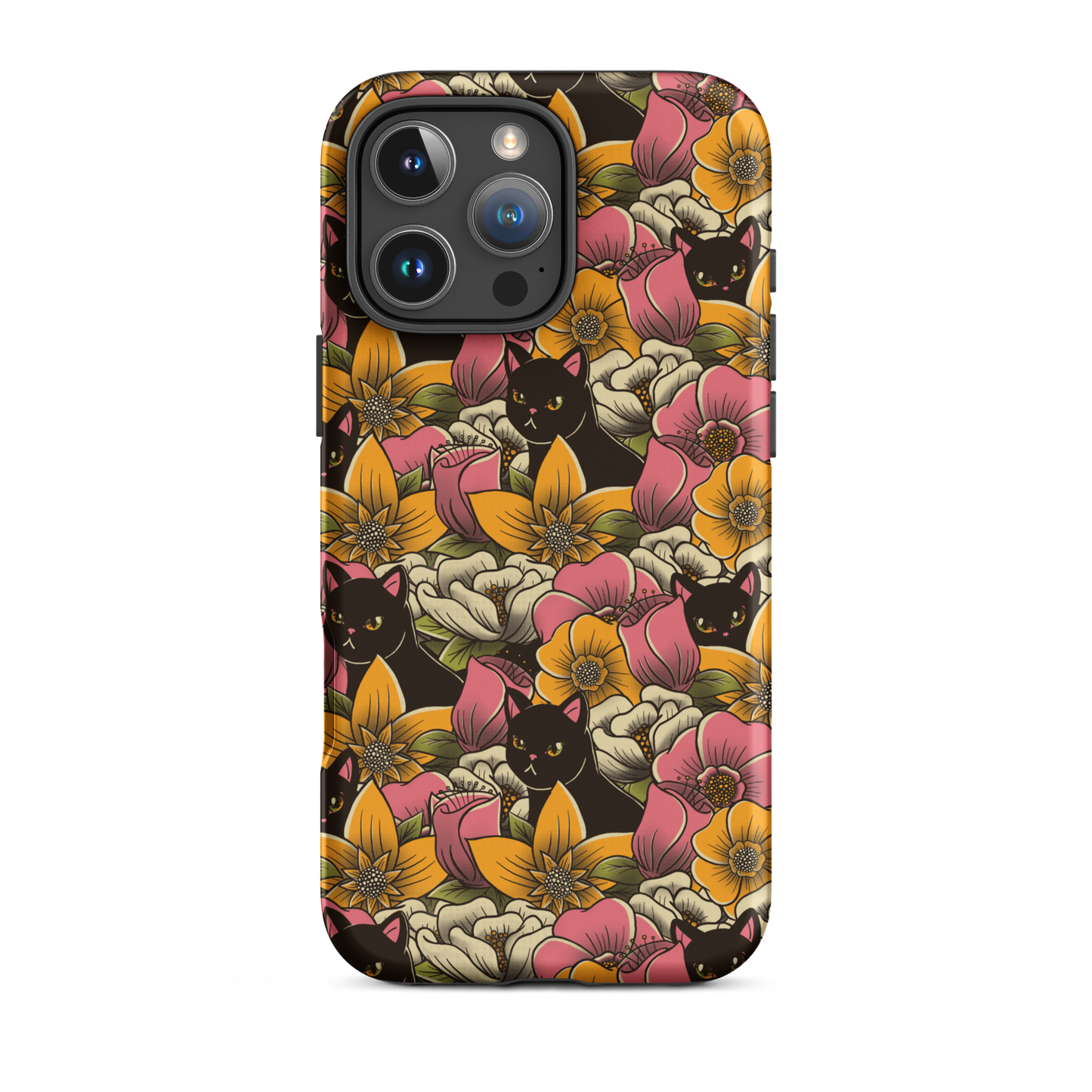 The image features a repeating pattern of colorful flowers in pink, yellow, and cream hues with lush green foliage. Interspersed among the flowers are playful black cats with bright eyes. The design has a whimsical and vibrant feel, ideal for various products like t-shirts, stickers, coffee cups, and skateboards. The style is reminiscent of traditional floral art blended with playful elements of animal decor.