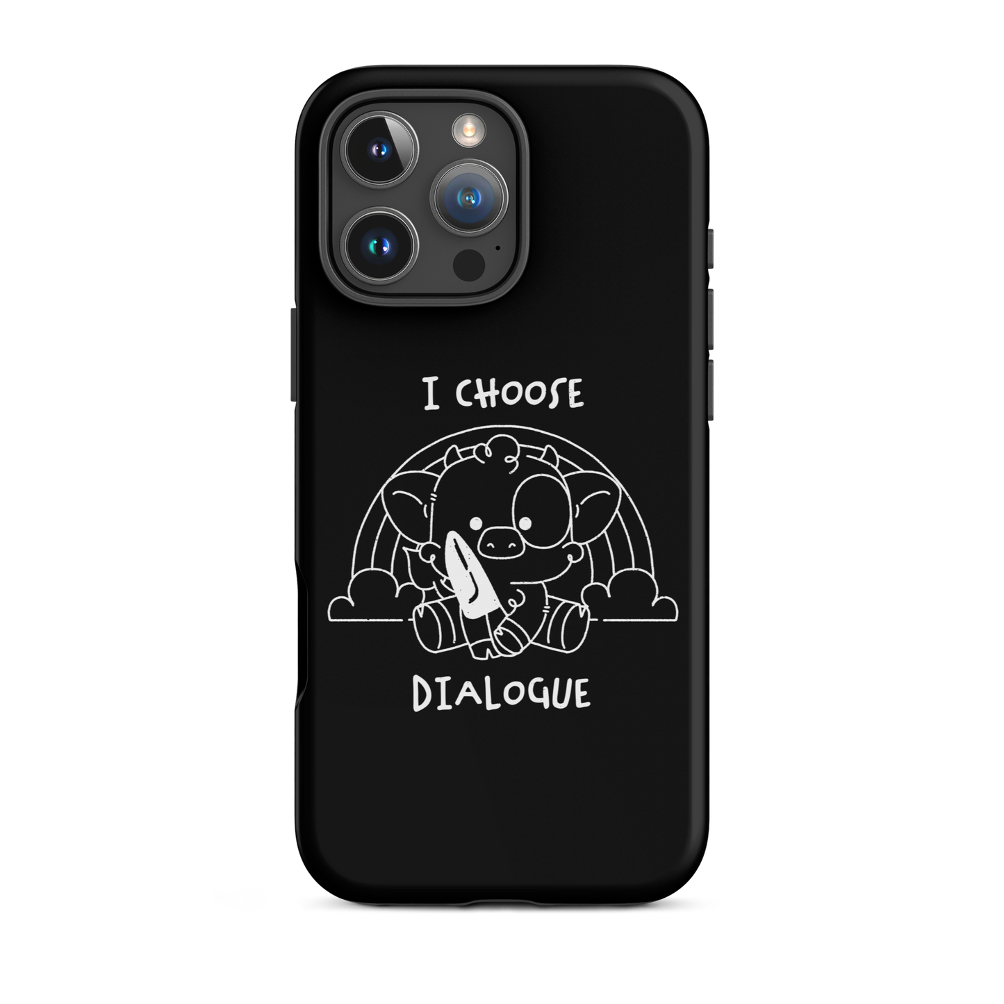 An adorable cow holds a knife while sitting in front of a rainbow, accompanied by the phrase “I Choose Dialogue.” This design combines sweetness and irony to create a fun and unexpected contrast. It’s a great gift for those who enjoy subtle humor and designs that combine cuteness with a touch of irreverence.