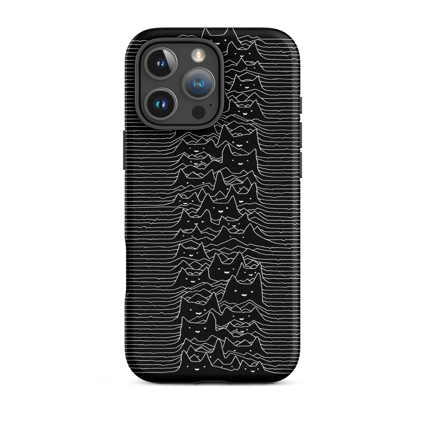 The drawing is a series of continuous wavy lines forming a pattern reminiscent of sound waves or topographic maps, but with an unexpected twist: the lines create the shapes of numerous cat faces stacked vertically. Each cat has simple, expressive features with pointed ears, adding a whimsical element to the otherwise structured pattern.