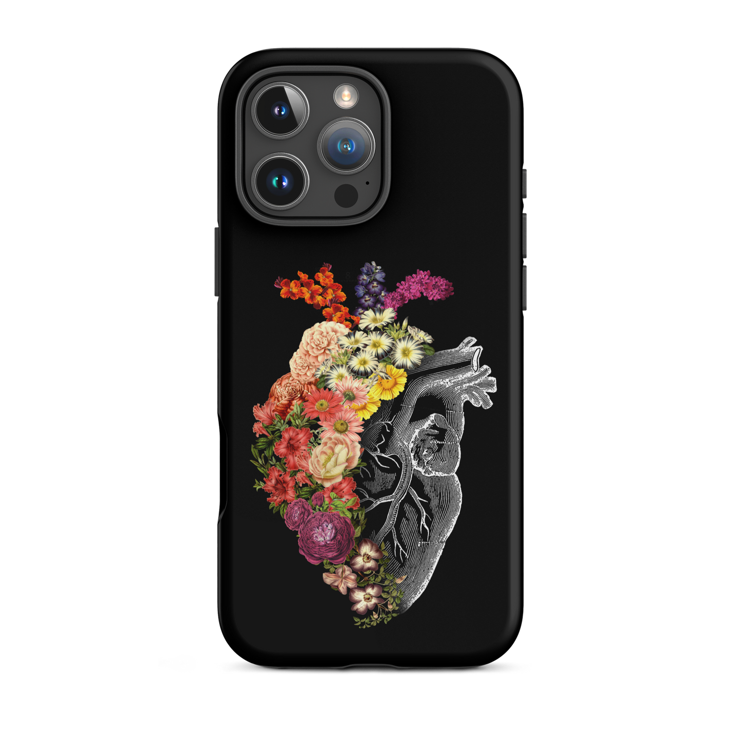 The design is an intricate and anatomical drawing of a human heart on a black background. The left side of the heart morphs into a vibrant assortment of colorful flowers, including roses, daisies, and other blooming blossoms, creating a striking contrast between the realistic and the surreal, symbolizing the harmony between nature and humanity.