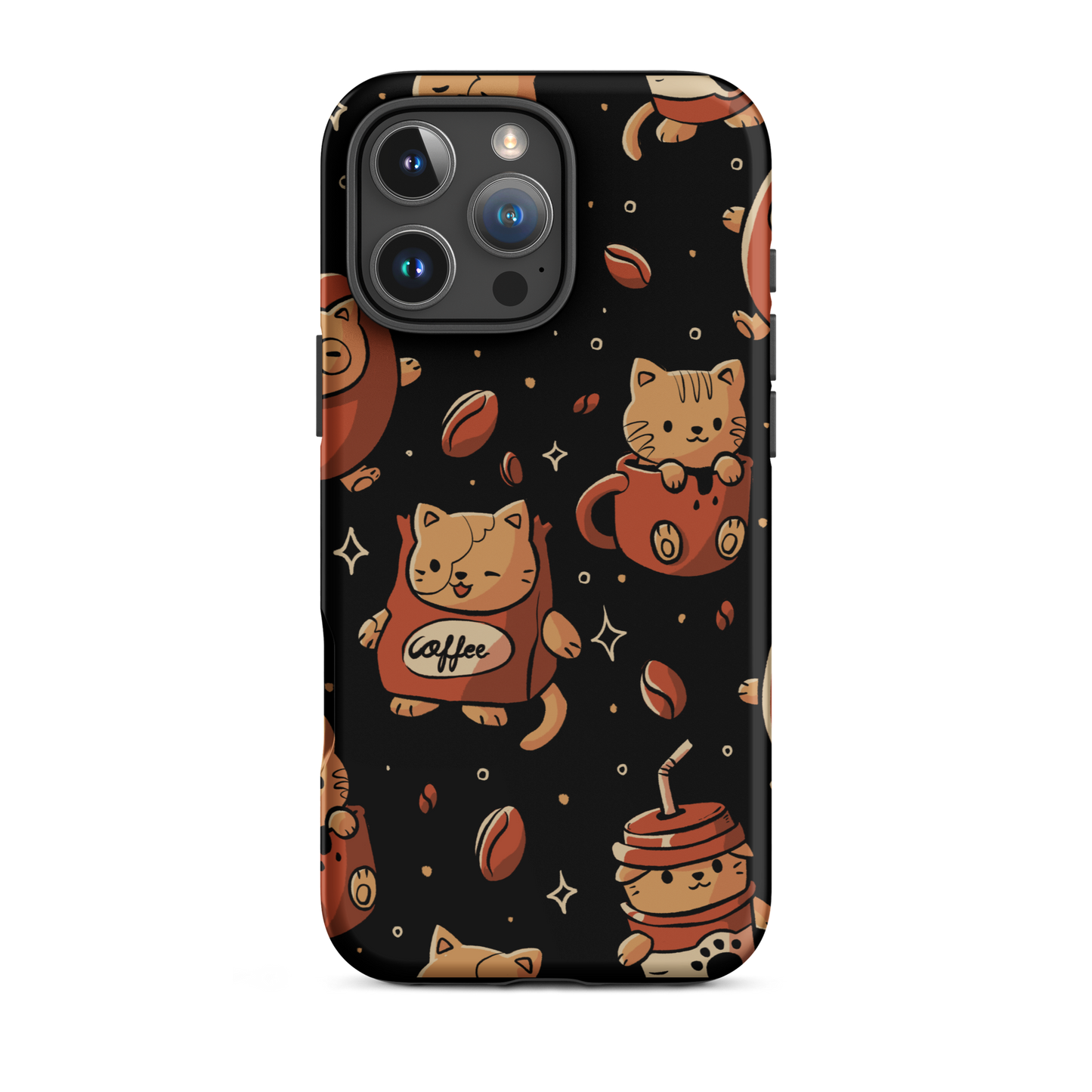 A pattern featuring several cute kittens appears in different coffee-themed versions: inside cups, as coffee beans, and on playful packaging. This artwork combines a love for cats and coffee in a charming and humorous composition. Perfect for cat lovers, coffee lovers, baristas, and anyone who enjoys cute and cozy designs.