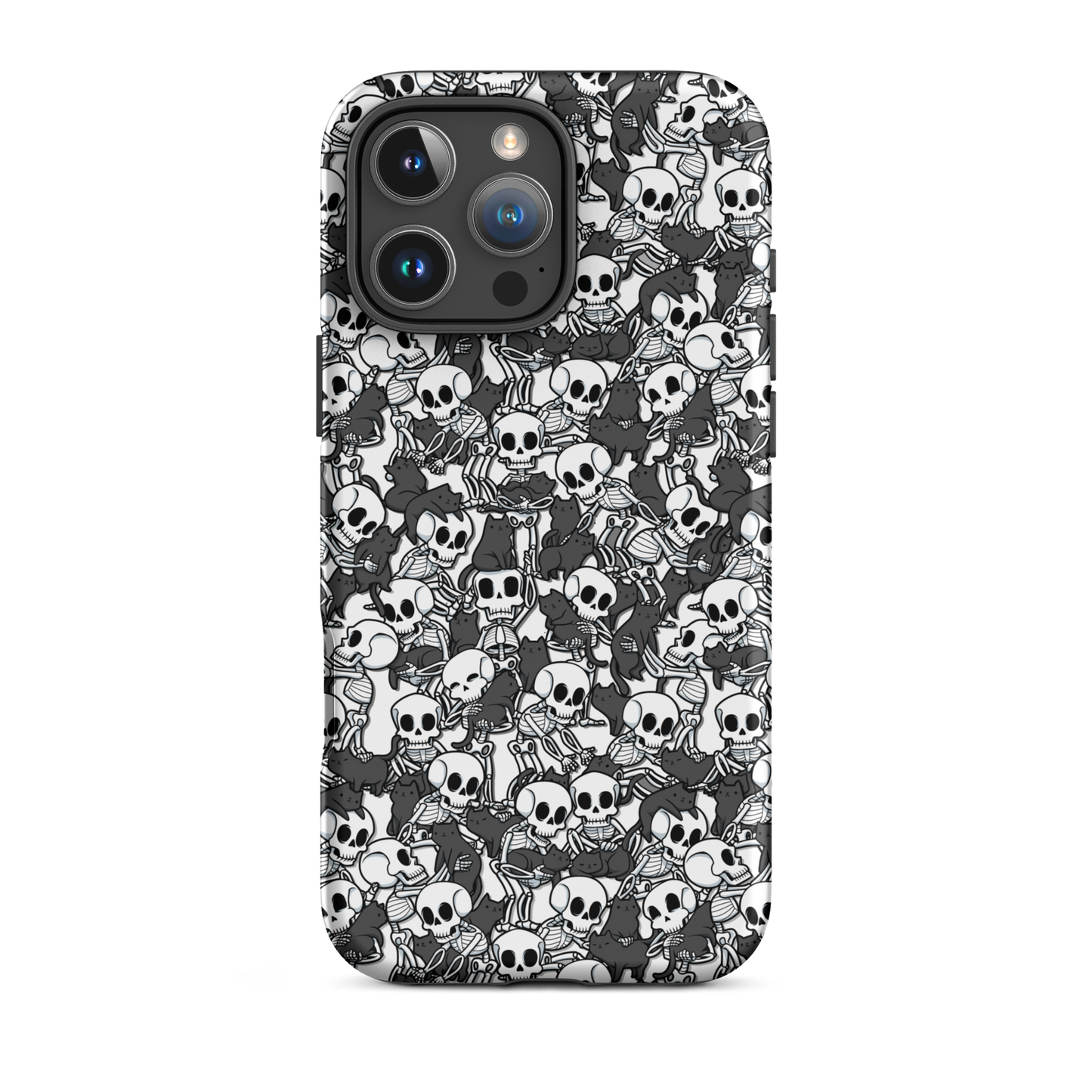 This artwork shows a playful pattern of cartoon skeletons cuddling and interacting with adorable black cats. It blends spooky charm with cozy, humorous vibes, creating a perfect aesthetic between macabre and cute. Ideal for fans of Halloween, gothic aesthetics, or anyone who loves fun prints with personality.