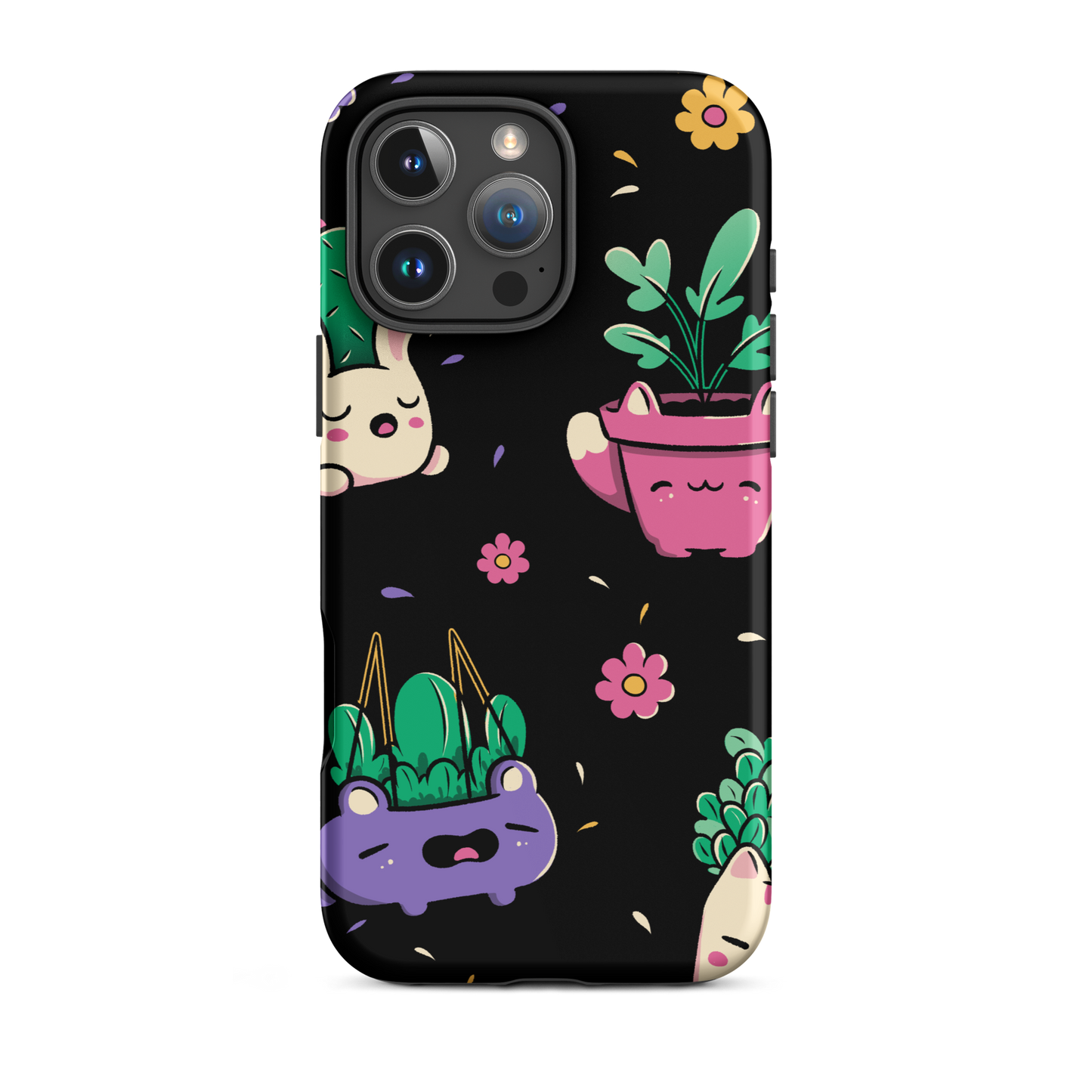 An endearing pattern featuring petite potted plants creatively shaped like adorable animals, arranged in a charming repeating composition. This enchanting design is perfect for plant enthusiasts who adore greenery and love surrounding themselves with whimsical, nature-inspired details.