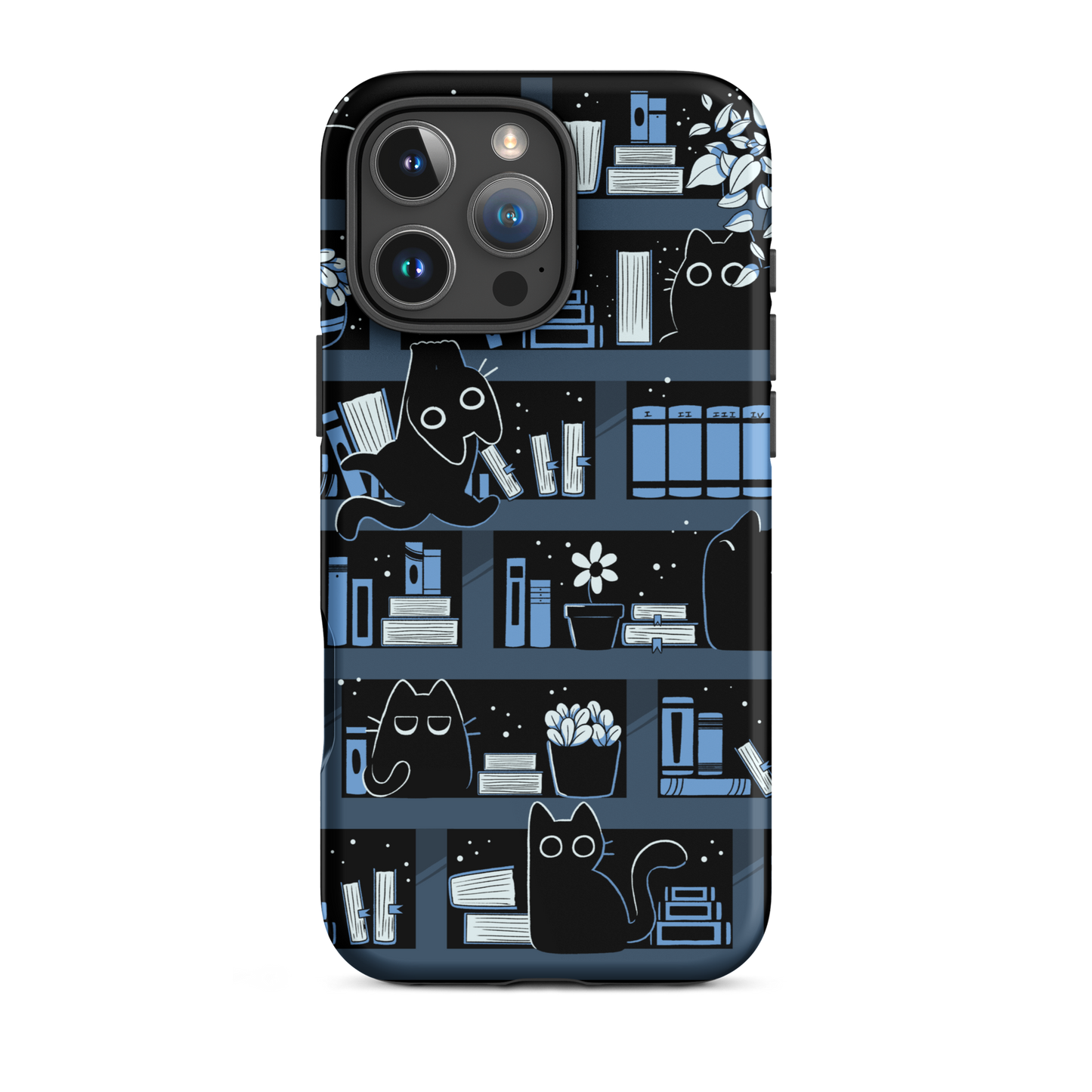 A pattern designed to resemble one large bookshelf filled with books, plants and playful little black kittens tucked between the shelves. An artwork in shades of black and blue, perfect for those who love cats, books and plants.