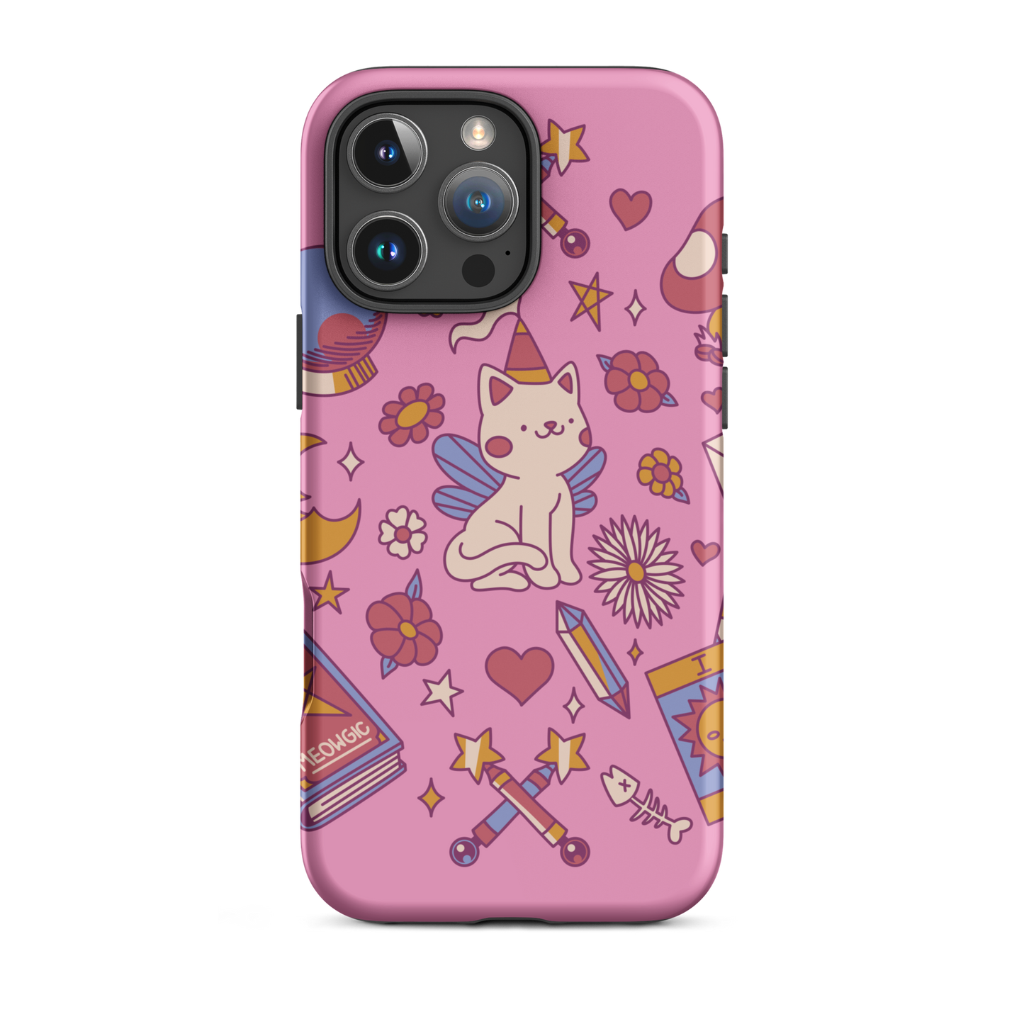 The artwork depicts a magical kitten with wings and a little hat, surrounded by crystals, flowers, tarot cards, mushrooms, and mystical elements in pastel shades. The design blends cute fantasy with colorful witchy aesthetics, creating an enchanting, lighthearted composition full of fun details. Perfect for lovers of cute mysticism, tarot, magical cats, and anyone who enjoys colorful prints with a magical vibe.