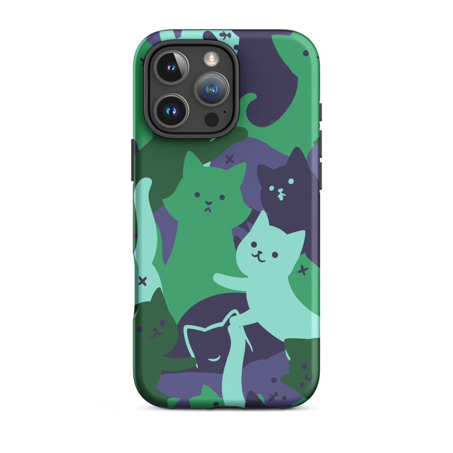 A playful pattern featuring multiple kittens in shades of green and blue, arranged to create a soft camouflage effect. This design blends cute cats with a modern pattern aesthetic, perfect for fans of fun, stylish, and whimsical art.