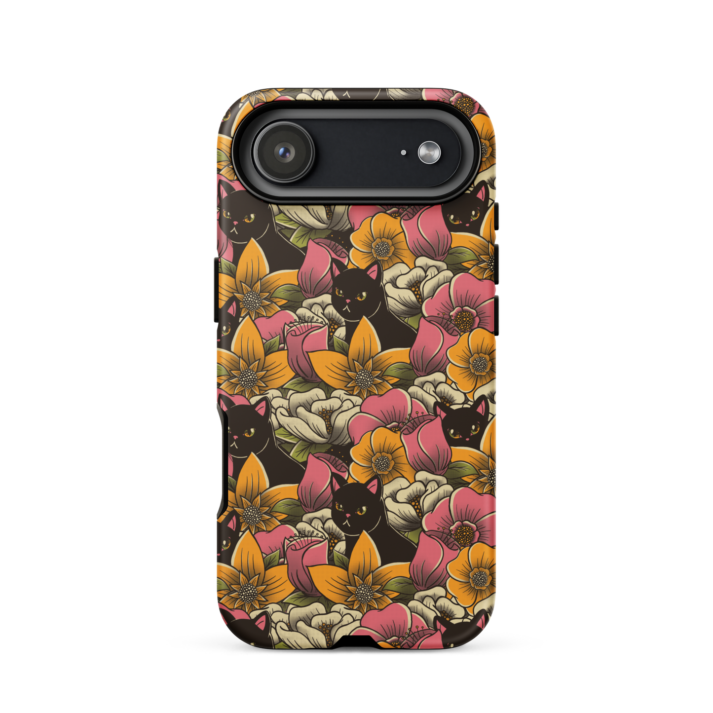 The image features a repeating pattern of colorful flowers in pink, yellow, and cream hues with lush green foliage. Interspersed among the flowers are playful black cats with bright eyes. The design has a whimsical and vibrant feel, ideal for various products like t-shirts, stickers, coffee cups, and skateboards. The style is reminiscent of traditional floral art blended with playful elements of animal decor.