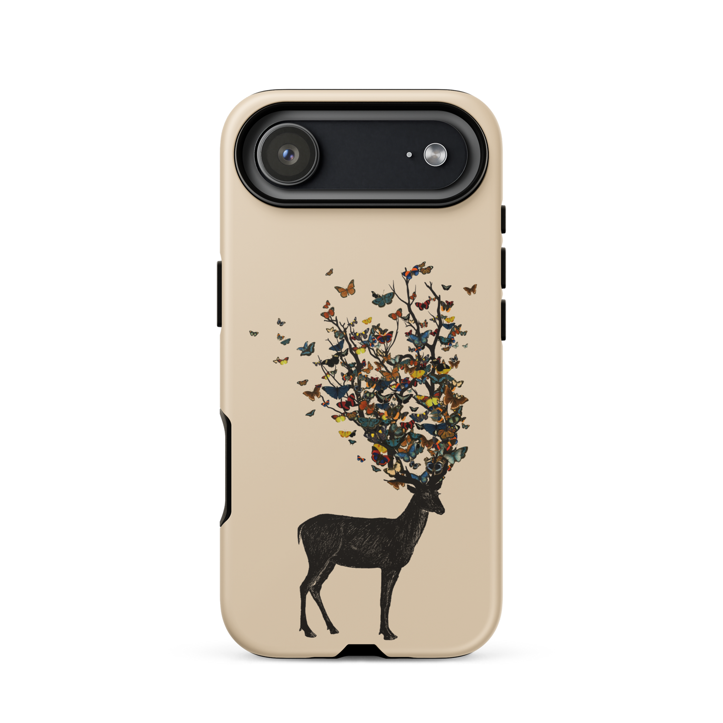 The image depicts a dark, silhouetted deer standing on a neutral background. Instead of branches, its antlers transform into a swirling cloud of vibrant, colorful butterflies that extend upwards and outward. The mix of organic and ethereal elements creates a captivating and whimsical visual contrast.