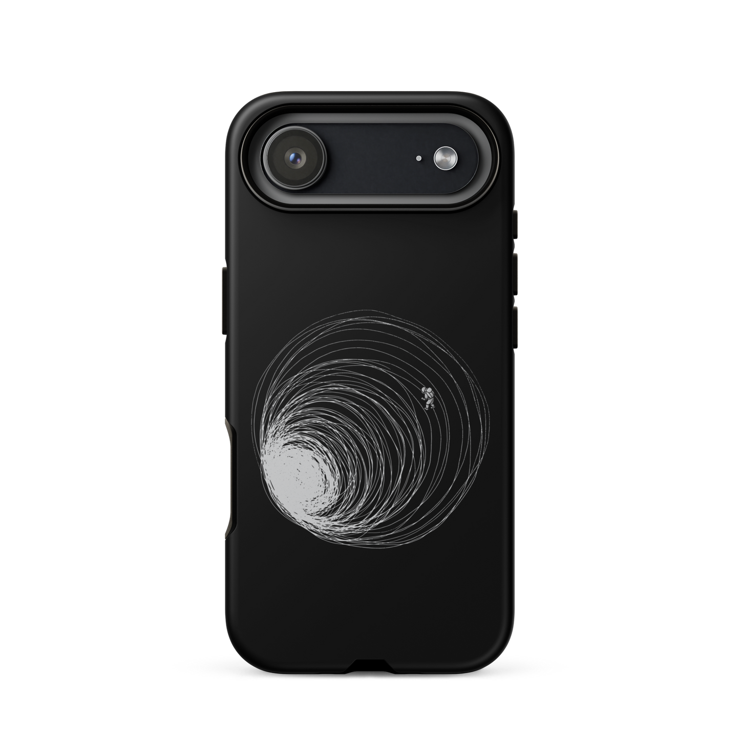 A big black hole with an astronaut floating around as if being sucked into it. A minimalist art perfect for those who love space.