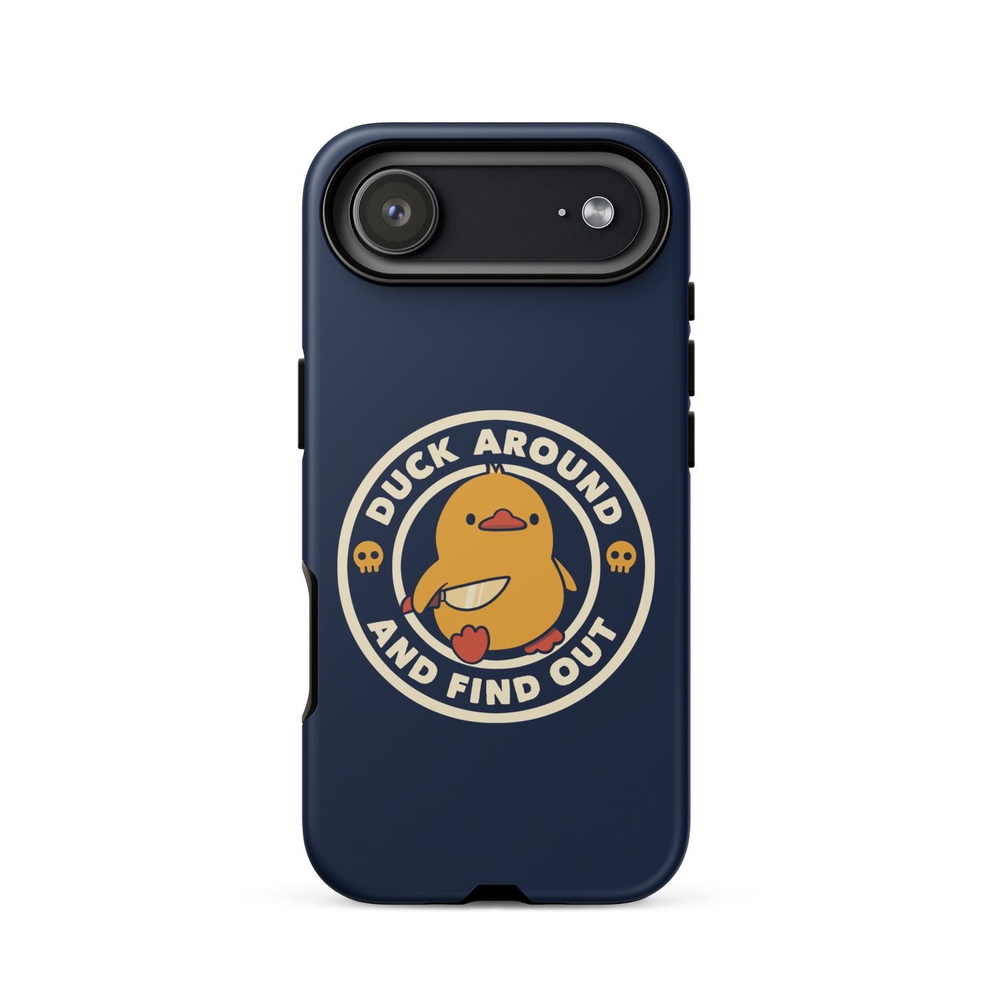 A cute yellow duck holding a small knife, around it the text "Duck Around And Find Out". An art that mixes humor with the temperament of ducks.