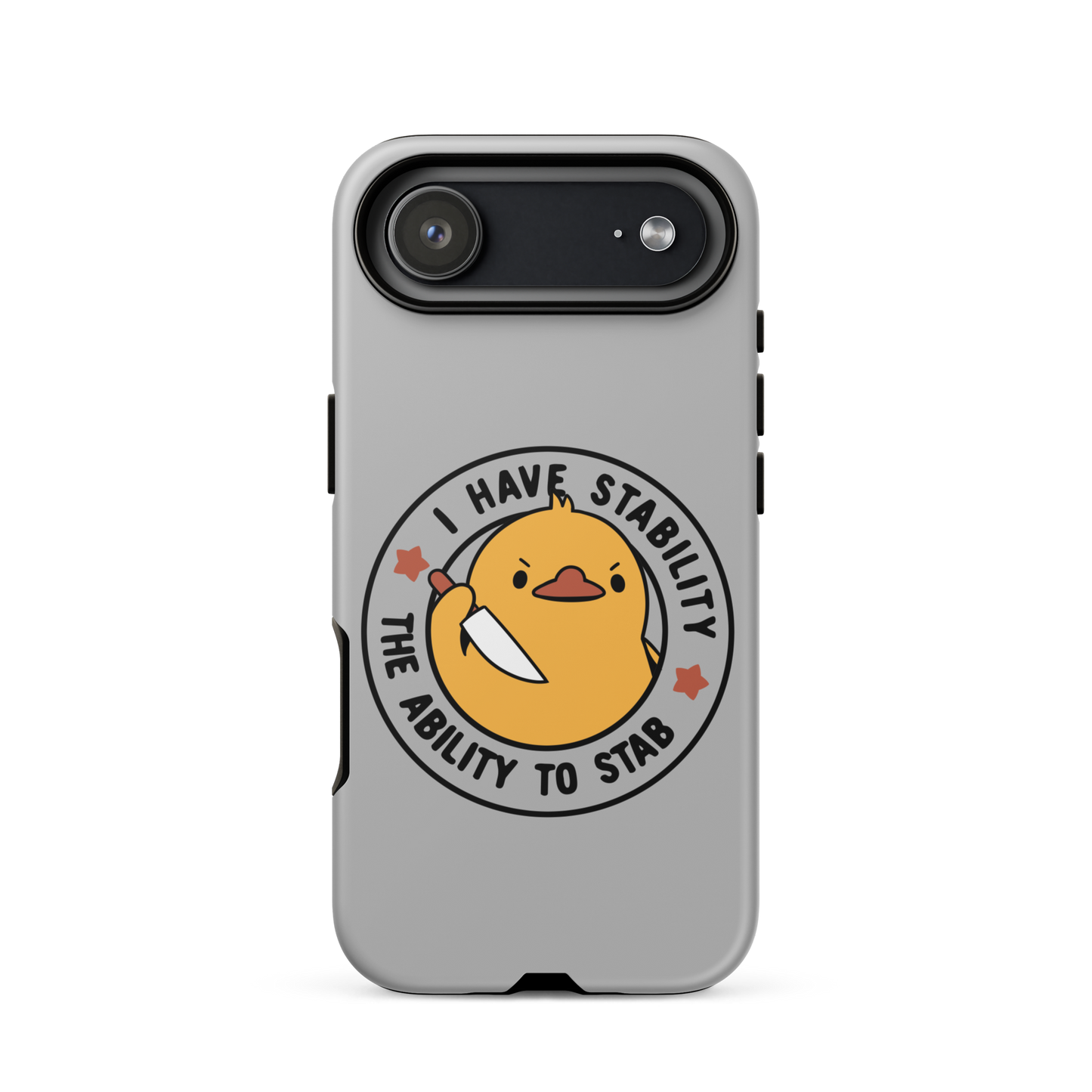 A cute duckling holding a knife with an angry face. Wrapped with a funny phrase that says "I Have Stability The Ability To Stab". This is an art that combines a famous internet meme about duck temperament with a clever pun. The perfect gift for people who like smart humor.