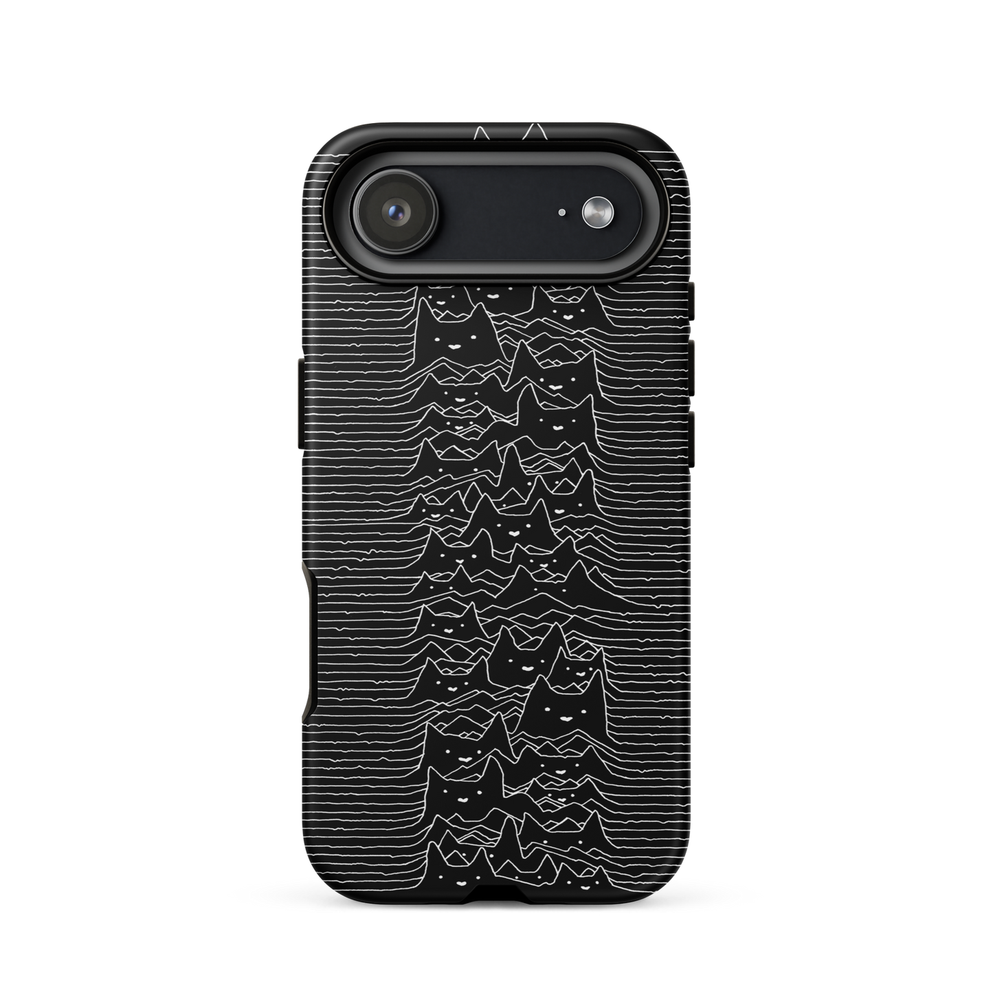 The drawing is a series of continuous wavy lines forming a pattern reminiscent of sound waves or topographic maps, but with an unexpected twist: the lines create the shapes of numerous cat faces stacked vertically. Each cat has simple, expressive features with pointed ears, adding a whimsical element to the otherwise structured pattern.