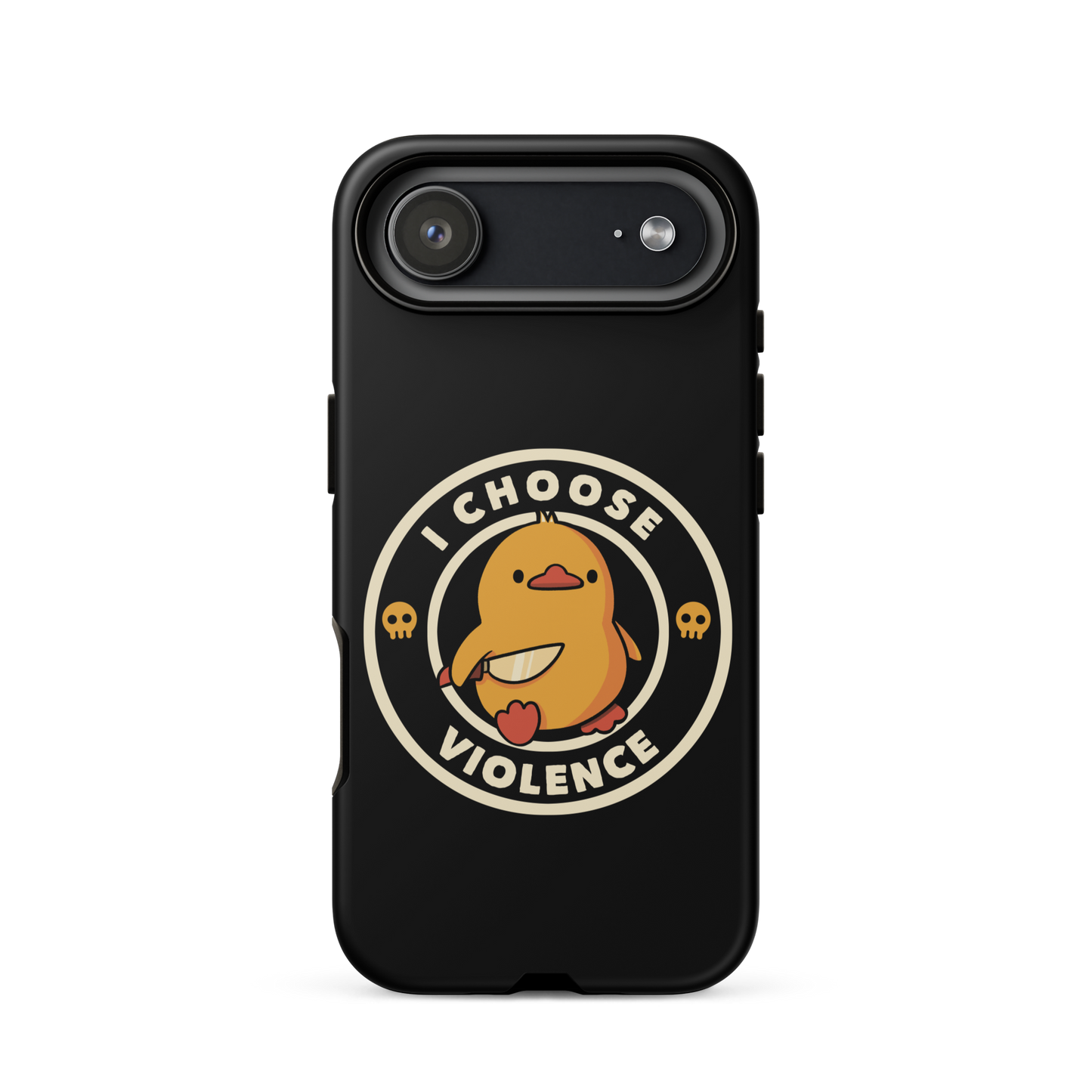 A cute, cartoon-style yellow duckling stands confidently holding a large knife in its wing. The duckling is encircled by text saying 'I CHOOSE VIOLENCE' in bold white letters. Small skull symbols flank the chick on either side, adding a touch of humor and irony to the otherwise adorable drawing.