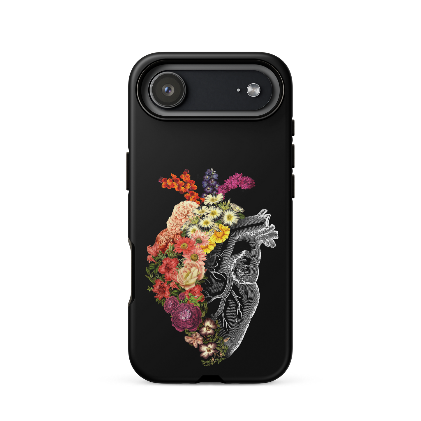 The design is an intricate and anatomical drawing of a human heart on a black background. The left side of the heart morphs into a vibrant assortment of colorful flowers, including roses, daisies, and other blooming blossoms, creating a striking contrast between the realistic and the surreal, symbolizing the harmony between nature and humanity.