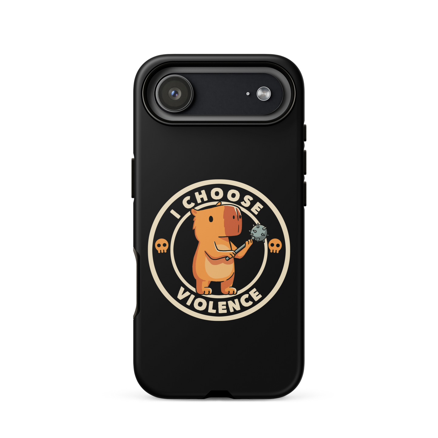 A cute, cartoonish burnt yellow capybara stands holding a spiked mace with a determined expression. Surrounding it is a circular design with the text 'I CHOOSE VIOLENCE' and two small skulls on either side, giving it a humorous yet ironic tone.