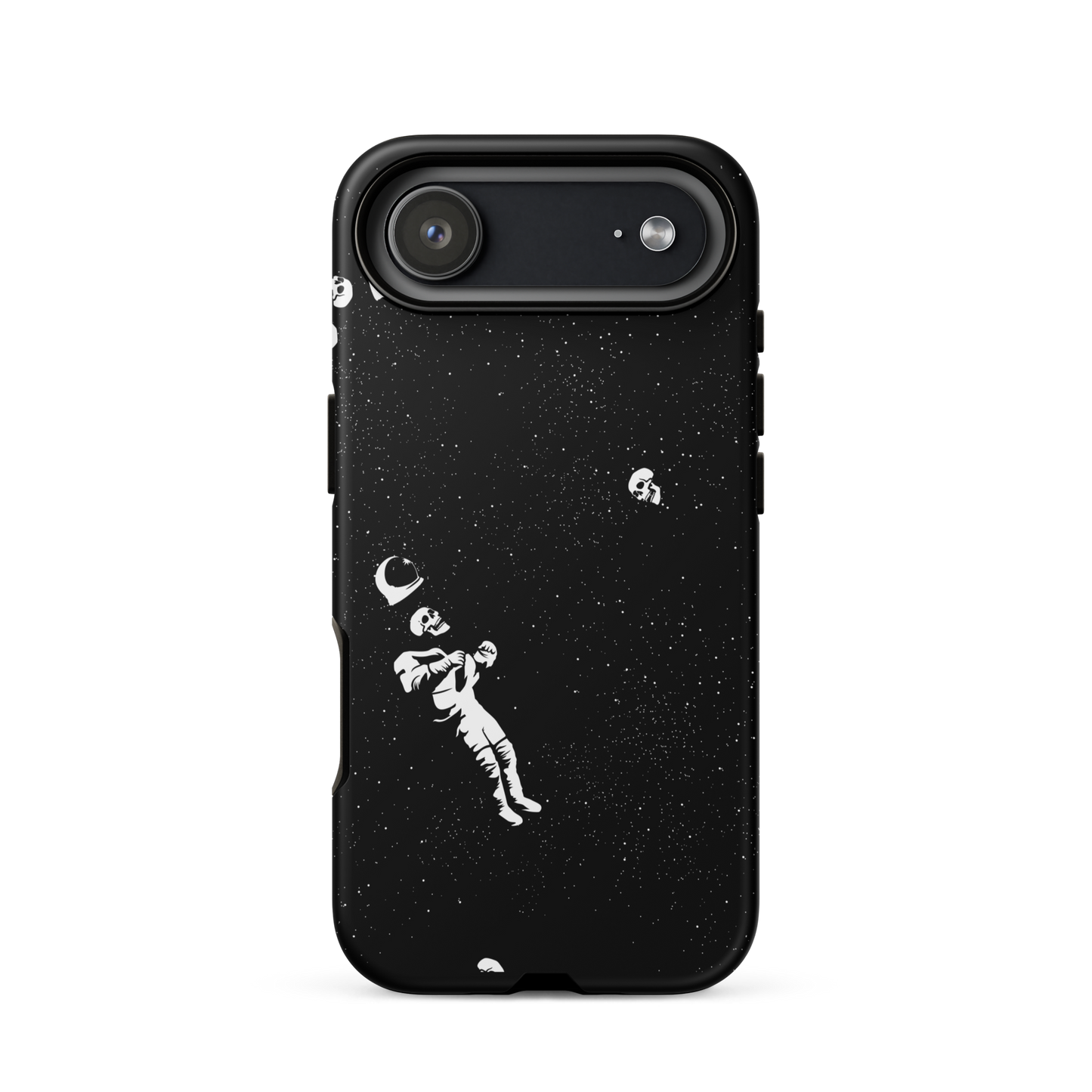 This image features a white astronaut figures floating in a dark, starry space background. The astronaut is surrounded by small celestial bodies and crescent moons, giving a sense of drifting through the cosmos. The design is intricate and has a whimsical, dreamy quality, with a vintage-inspired look, evoking a sense of exploration and wonder.
