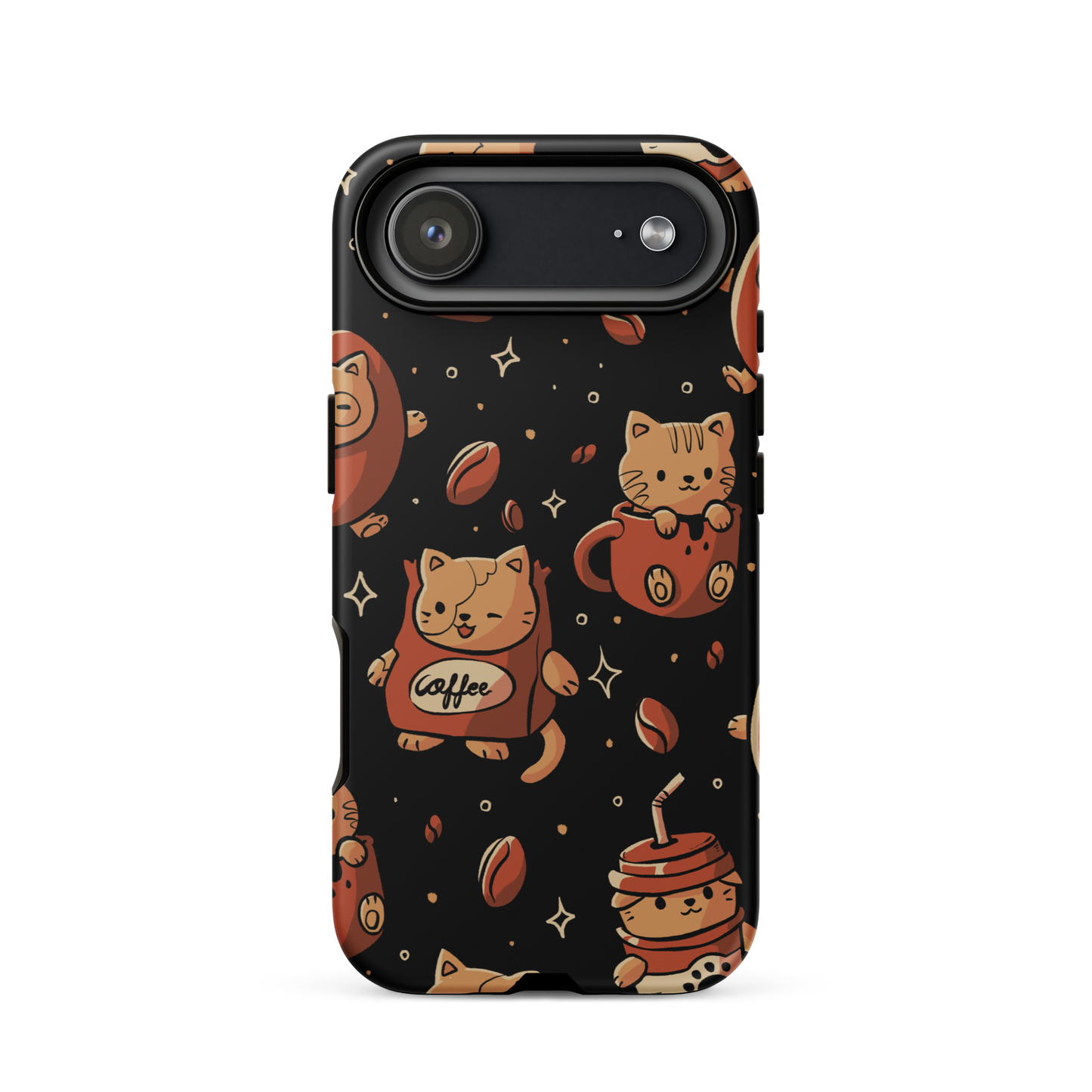 A pattern featuring several cute kittens appears in different coffee-themed versions: inside cups, as coffee beans, and on playful packaging. This artwork combines a love for cats and coffee in a charming and humorous composition. Perfect for cat lovers, coffee lovers, baristas, and anyone who enjoys cute and cozy designs.