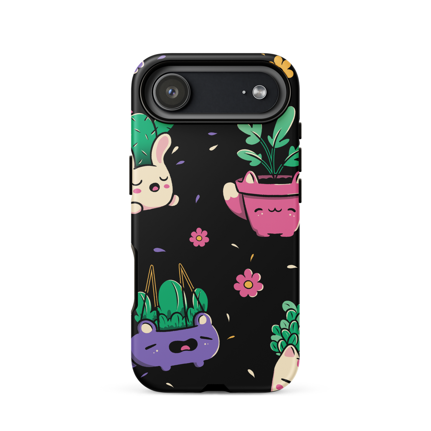 An endearing pattern featuring petite potted plants creatively shaped like adorable animals, arranged in a charming repeating composition. This enchanting design is perfect for plant enthusiasts who adore greenery and love surrounding themselves with whimsical, nature-inspired details.