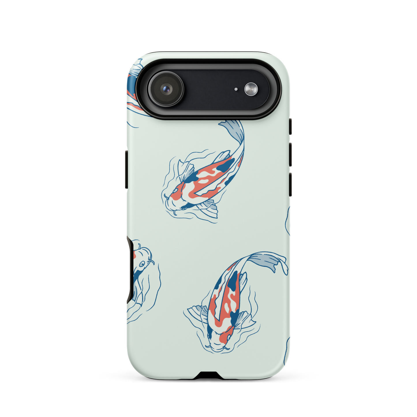 A pattern featuring koi fish gracefully swimming across a calm blue pond. A minimalist design inspired by Japanese illustration, bringing a gentle sense of peace and serenity.