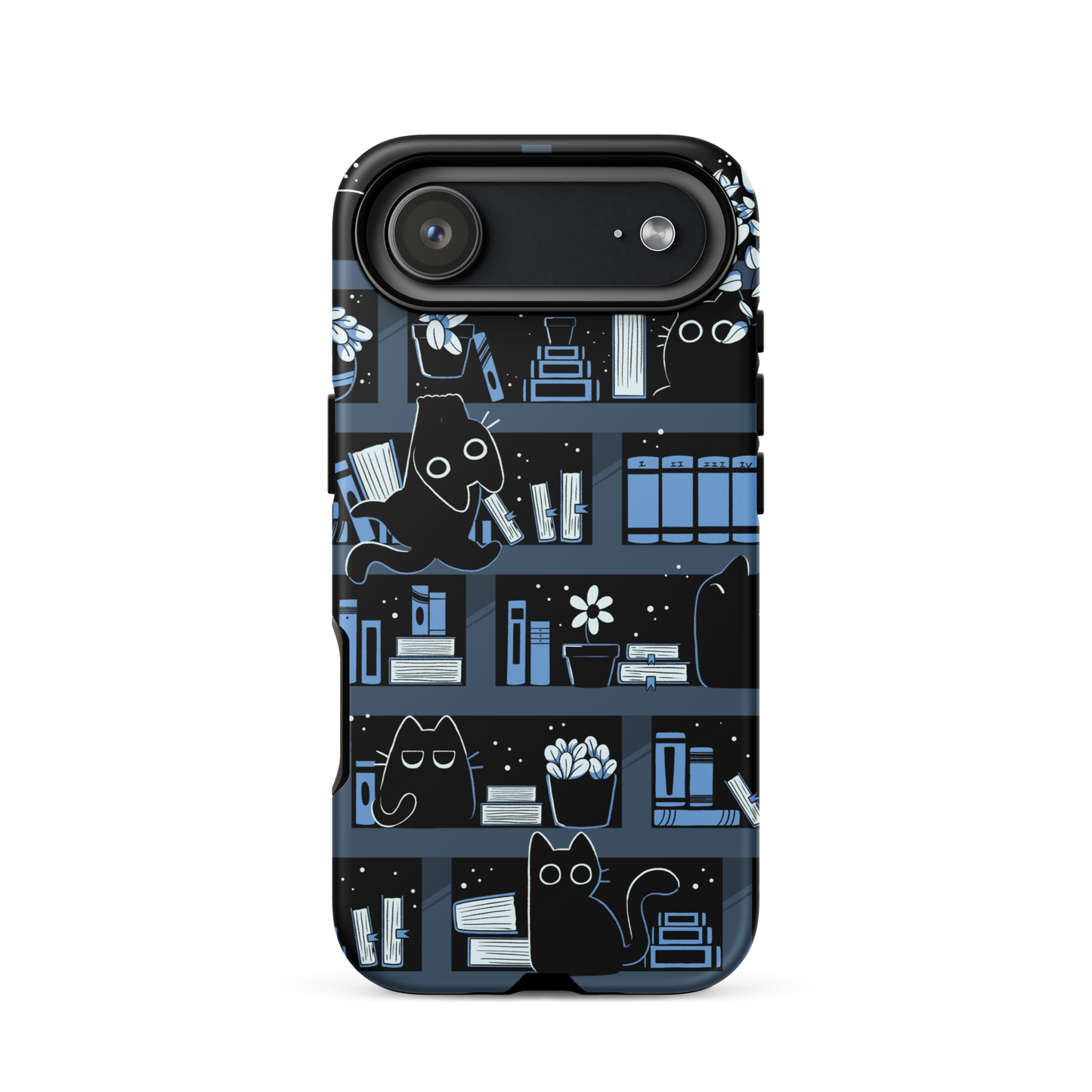 A pattern designed to resemble one large bookshelf filled with books, plants and playful little black kittens tucked between the shelves. An artwork in shades of black and blue, perfect for those who love cats, books and plants.