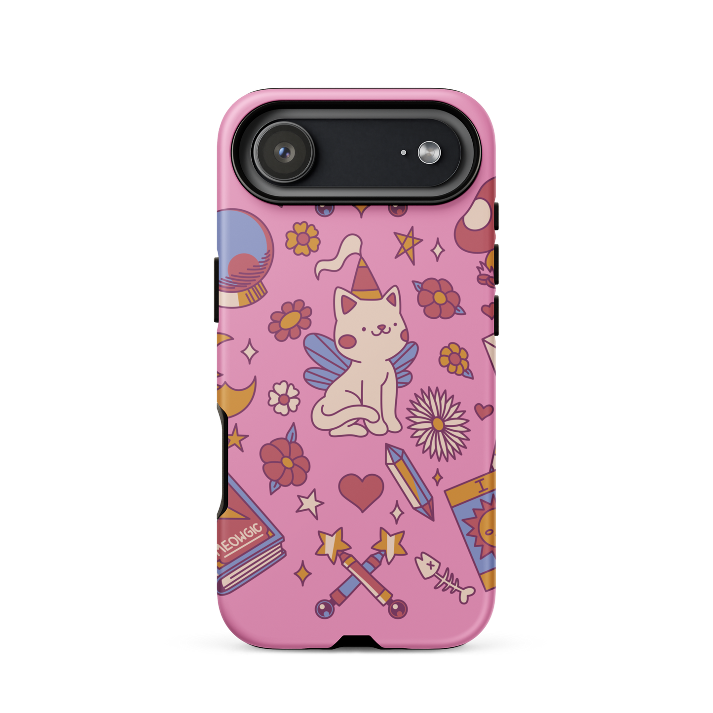 The artwork depicts a magical kitten with wings and a little hat, surrounded by crystals, flowers, tarot cards, mushrooms, and mystical elements in pastel shades. The design blends cute fantasy with colorful witchy aesthetics, creating an enchanting, lighthearted composition full of fun details. Perfect for lovers of cute mysticism, tarot, magical cats, and anyone who enjoys colorful prints with a magical vibe.