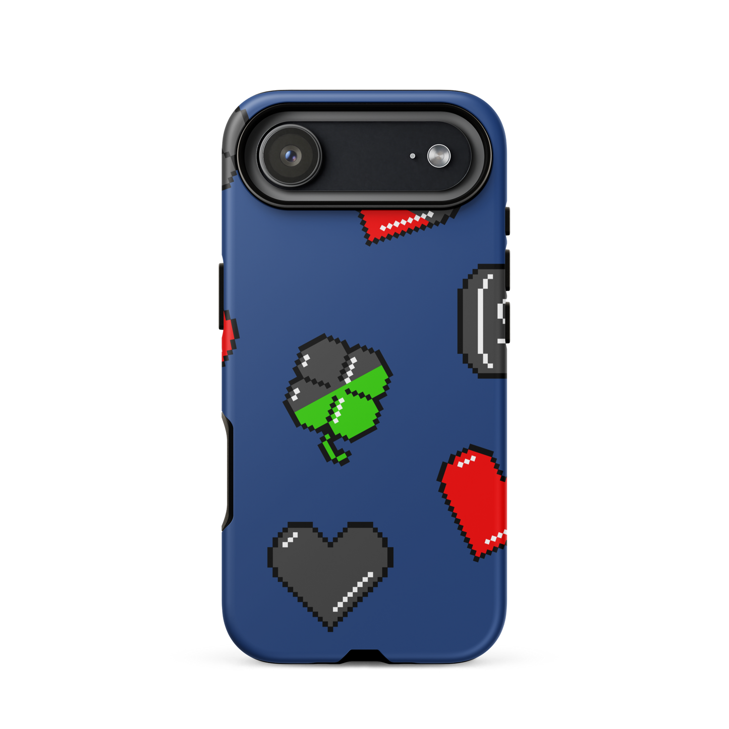 A repeating pattern made of 8-bit video game icons like hearts, four-leaf clovers, and coins. A nostalgic pixel art design inspired by classic games and retro digital culture.
