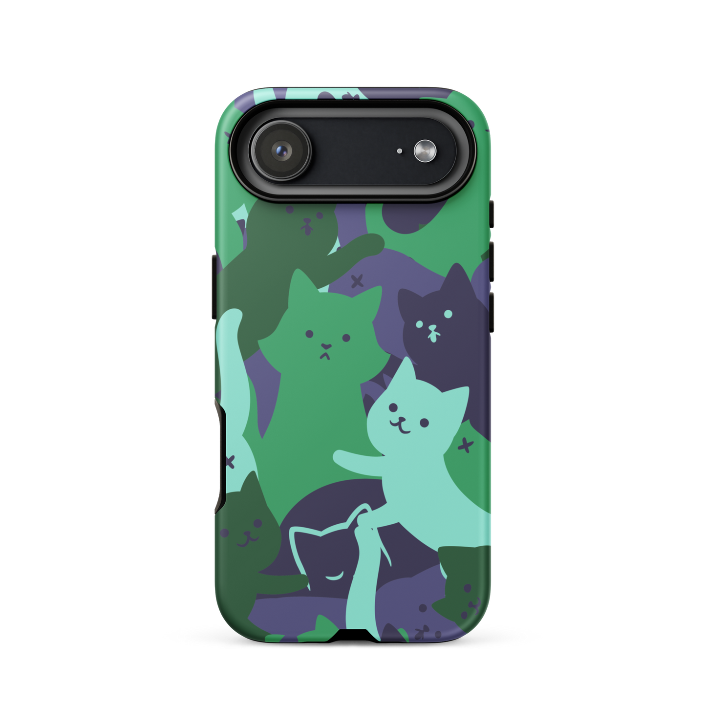 A playful pattern featuring multiple kittens in shades of green and blue, arranged to create a soft camouflage effect. This design blends cute cats with a modern pattern aesthetic, perfect for fans of fun, stylish, and whimsical art.