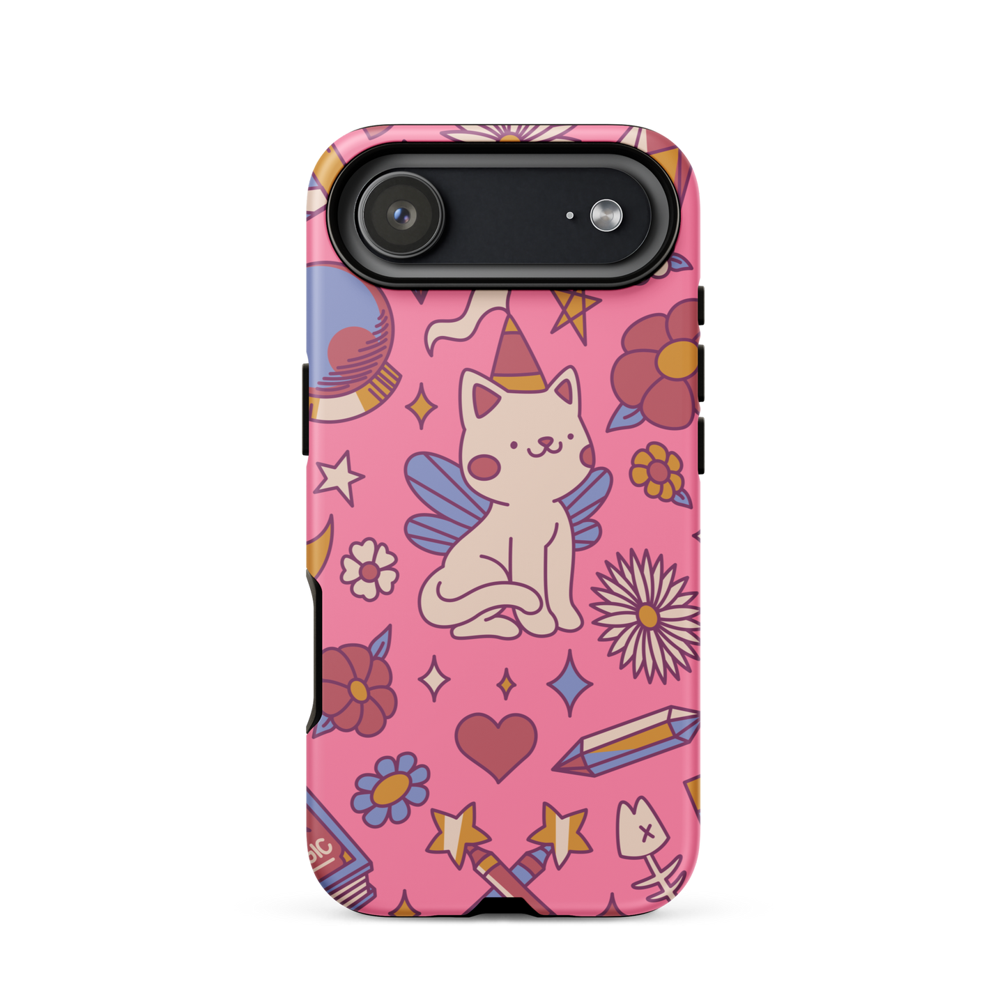 A seamless pattern featuring a magical winged kitten surrounded by crystals, flowers, tarot cards, mushrooms and other mystical elements in soft pastel tones. A playful and whimsical design with a cute, magical vibe.