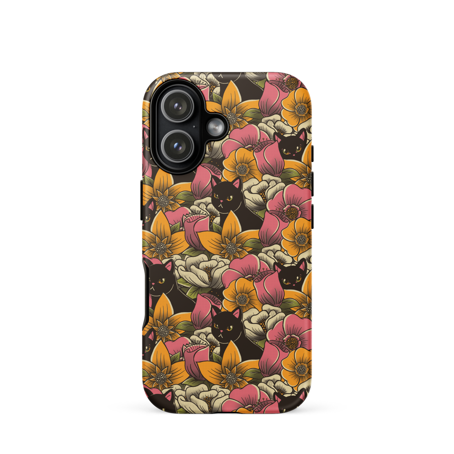 The image features a repeating pattern of colorful flowers in pink, yellow, and cream hues with lush green foliage. Interspersed among the flowers are playful black cats with bright eyes. The design has a whimsical and vibrant feel, ideal for various products like t-shirts, stickers, coffee cups, and skateboards. The style is reminiscent of traditional floral art blended with playful elements of animal decor.