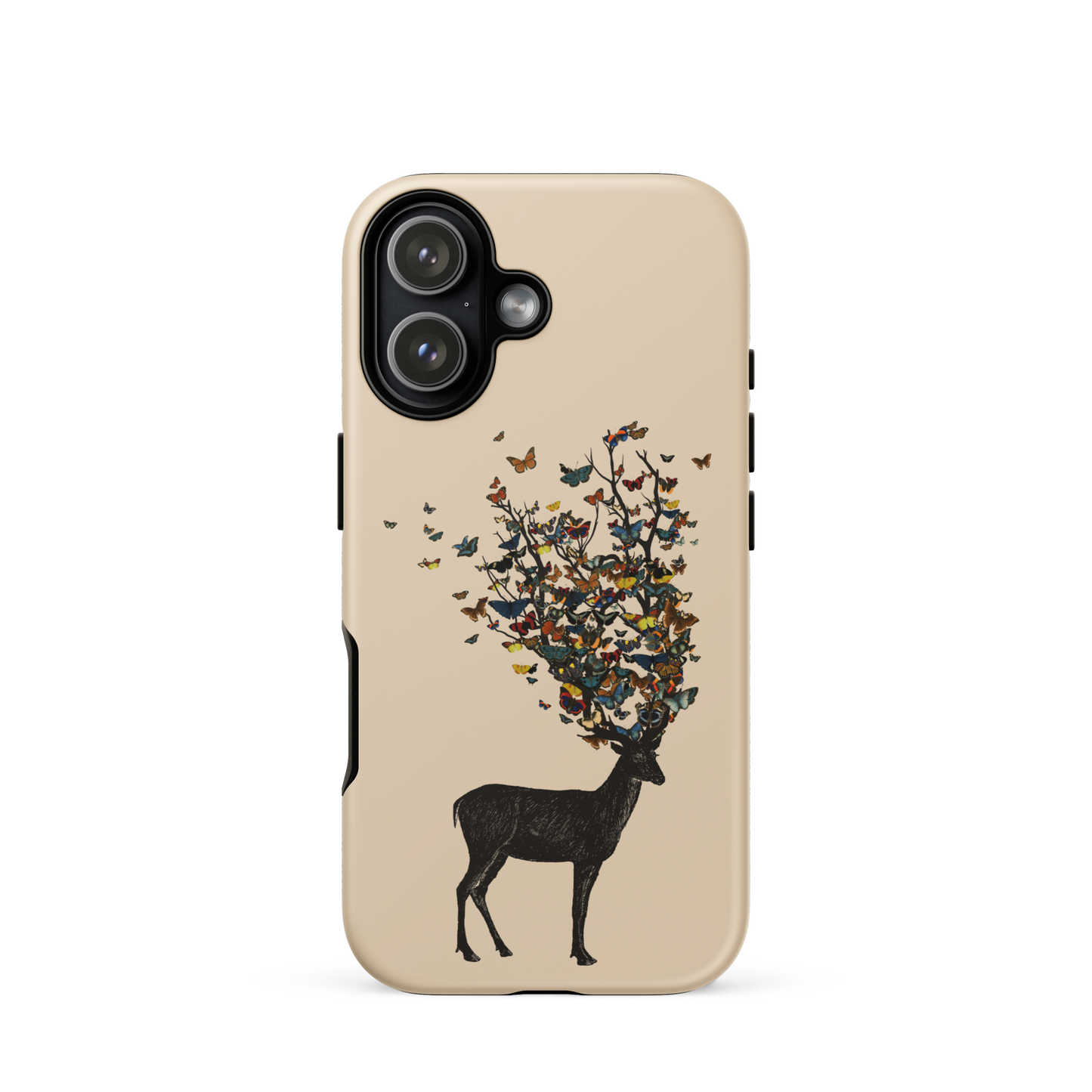 The image depicts a dark, silhouetted deer standing on a neutral background. Instead of branches, its antlers transform into a swirling cloud of vibrant, colorful butterflies that extend upwards and outward. The mix of organic and ethereal elements creates a captivating and whimsical visual contrast.