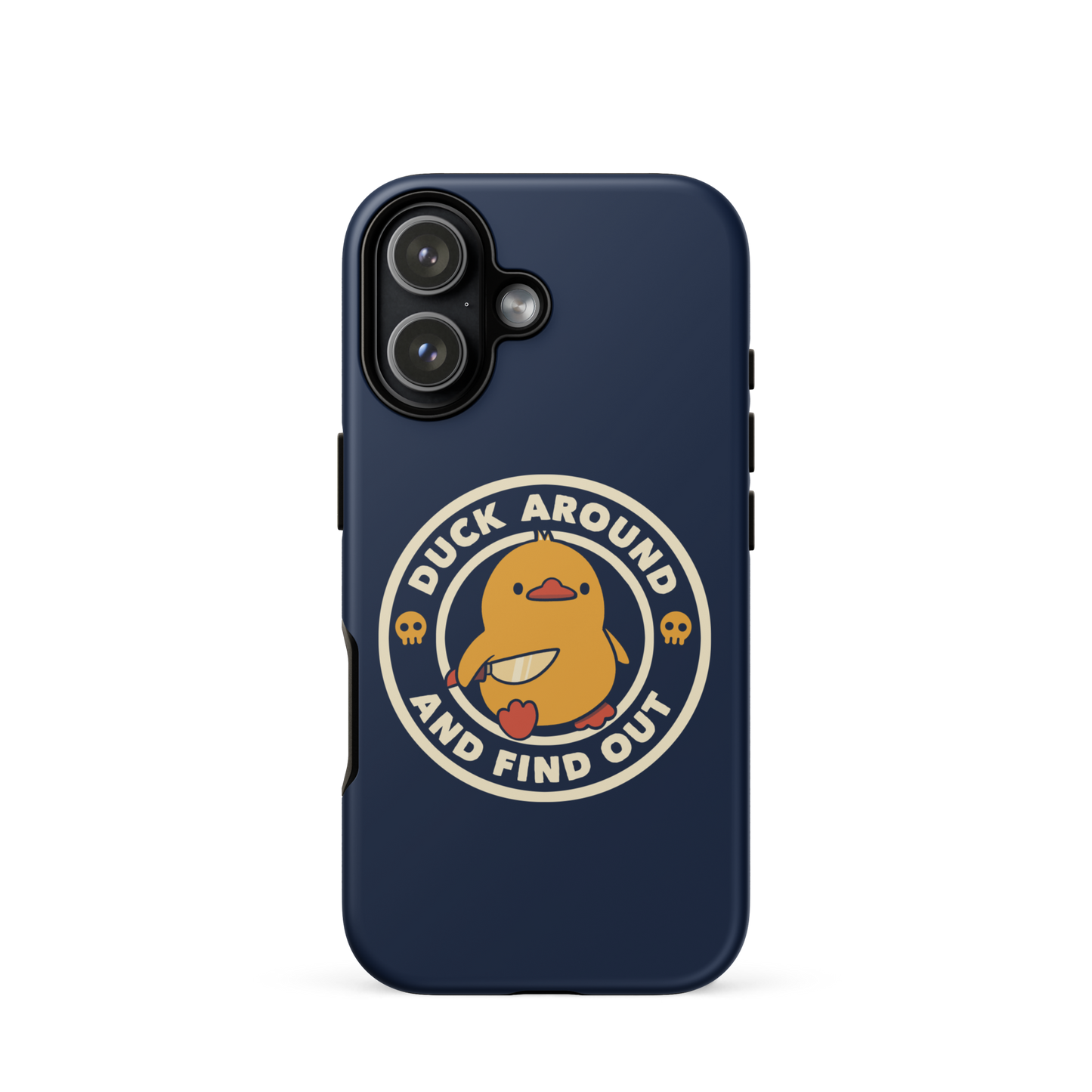 A cute yellow duck holding a small knife, around it the text "Duck Around And Find Out". An art that mixes humor with the temperament of ducks.