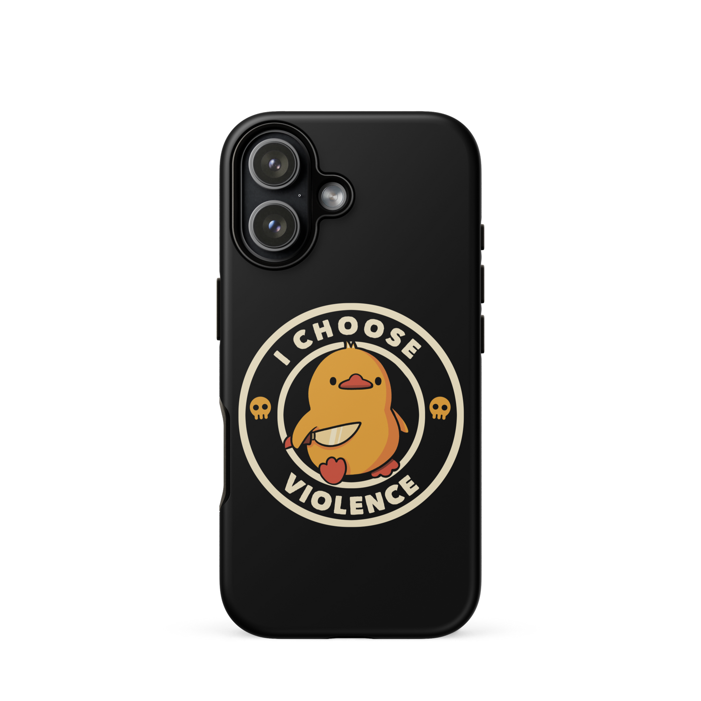 A cute, cartoon-style yellow duckling stands confidently holding a large knife in its wing. The duckling is encircled by text saying 'I CHOOSE VIOLENCE' in bold white letters. Small skull symbols flank the chick on either side, adding a touch of humor and irony to the otherwise adorable drawing.