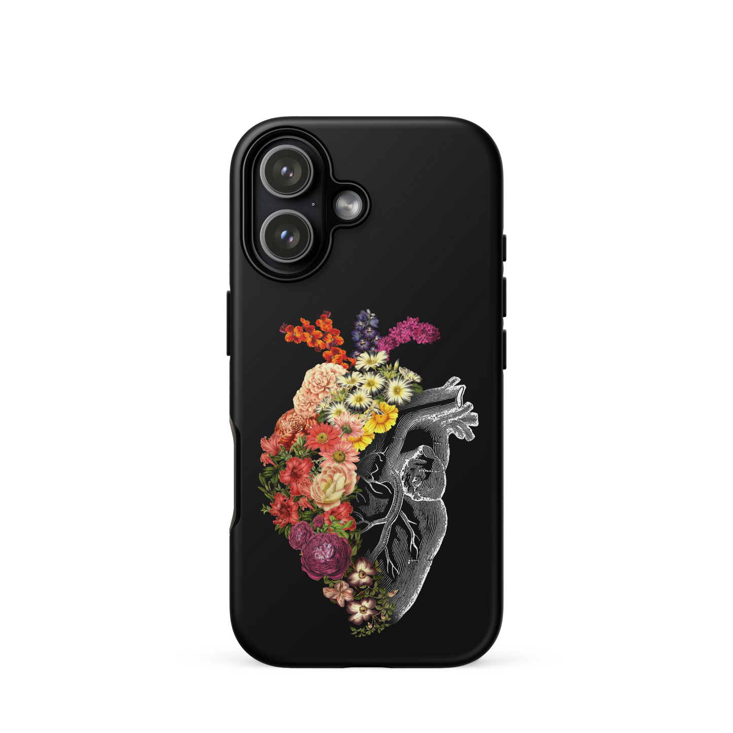 The design is an intricate and anatomical drawing of a human heart on a black background. The left side of the heart morphs into a vibrant assortment of colorful flowers, including roses, daisies, and other blooming blossoms, creating a striking contrast between the realistic and the surreal, symbolizing the harmony between nature and humanity.