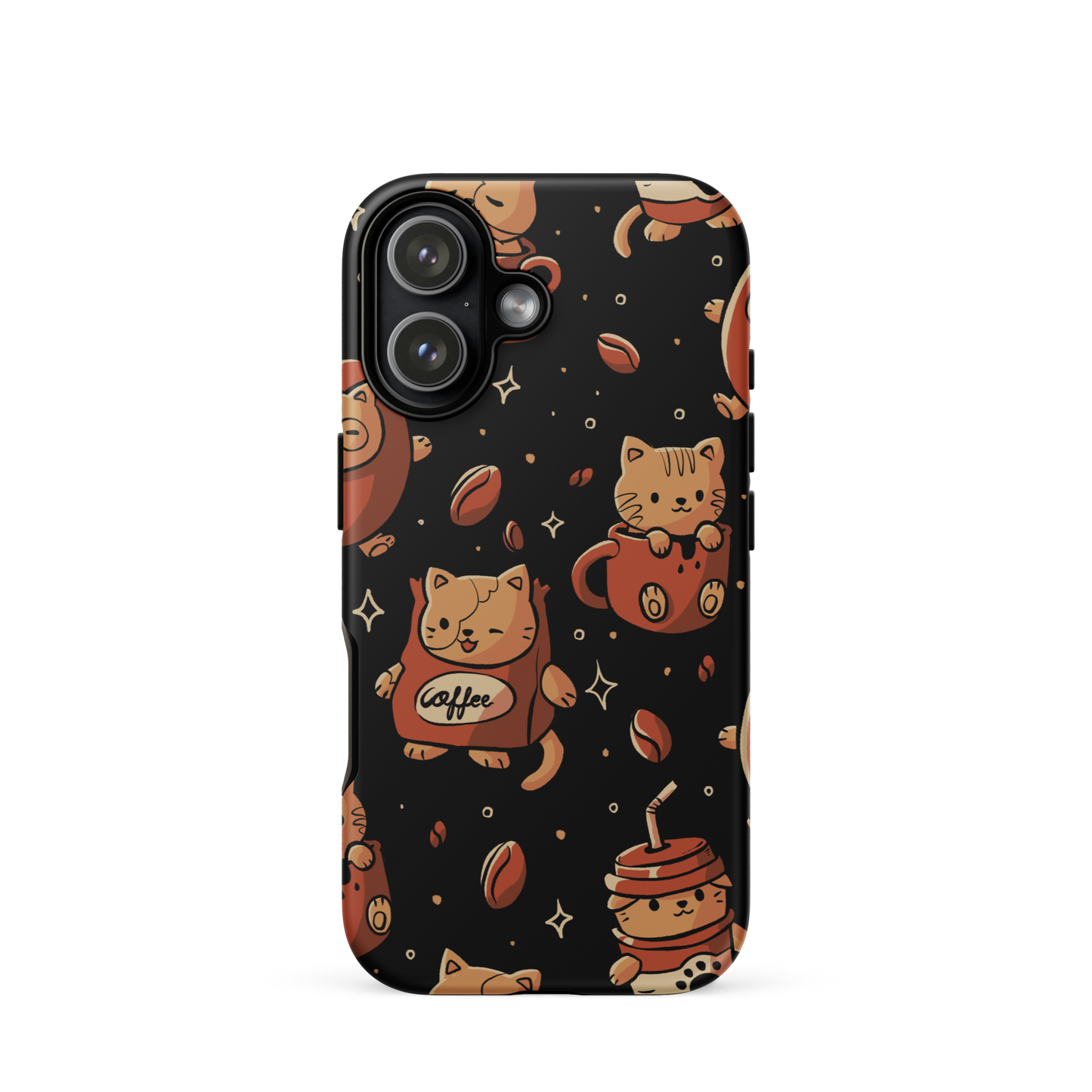 A pattern featuring several cute kittens appears in different coffee-themed versions: inside cups, as coffee beans, and on playful packaging. This artwork combines a love for cats and coffee in a charming and humorous composition. Perfect for cat lovers, coffee lovers, baristas, and anyone who enjoys cute and cozy designs.