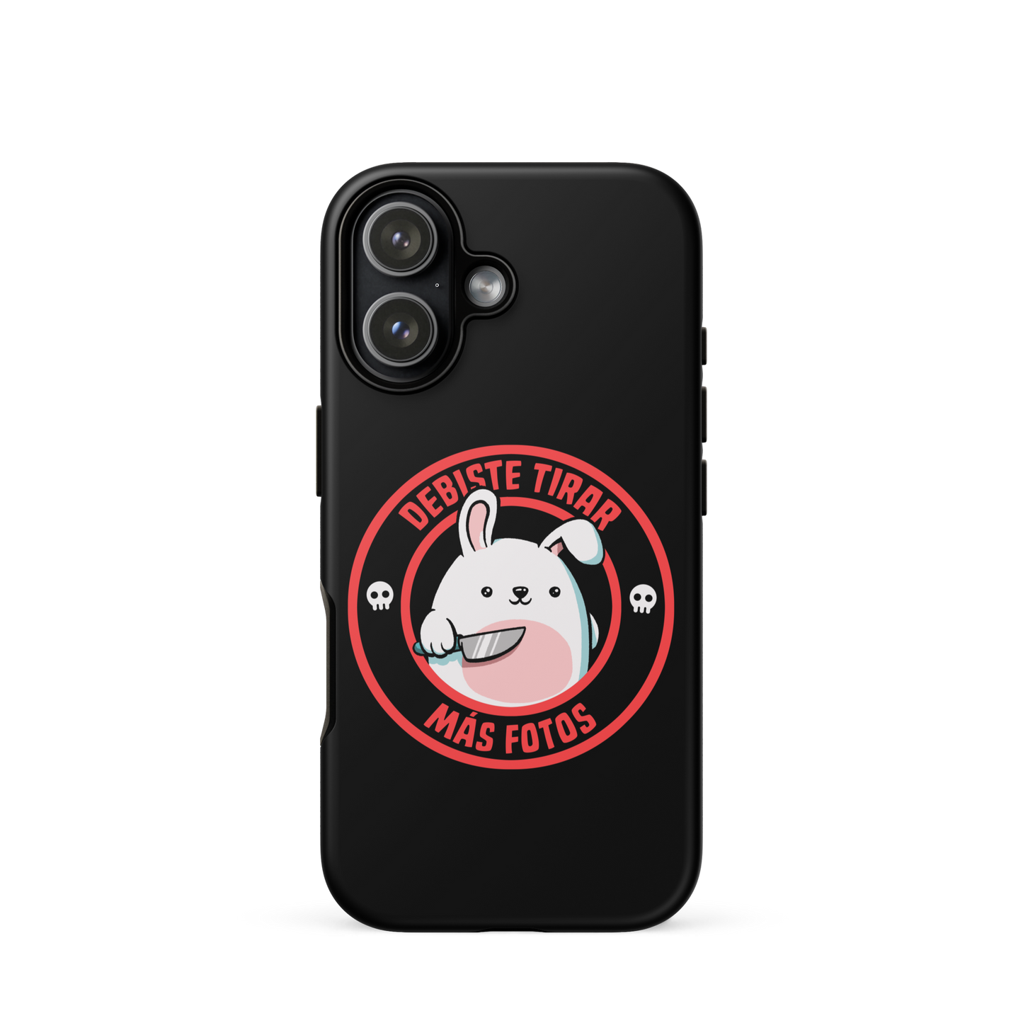 A cute white cartoon bunny with a pink belly stands holding a large kitchen knife in one paw. Surrounding the bunny is a red circular border with the words 'DEBISTE TIRAR MÁS FOTOS'. Small skull icons are on either side of the circle. The overall tone is a mix of adorable and ironic humor.