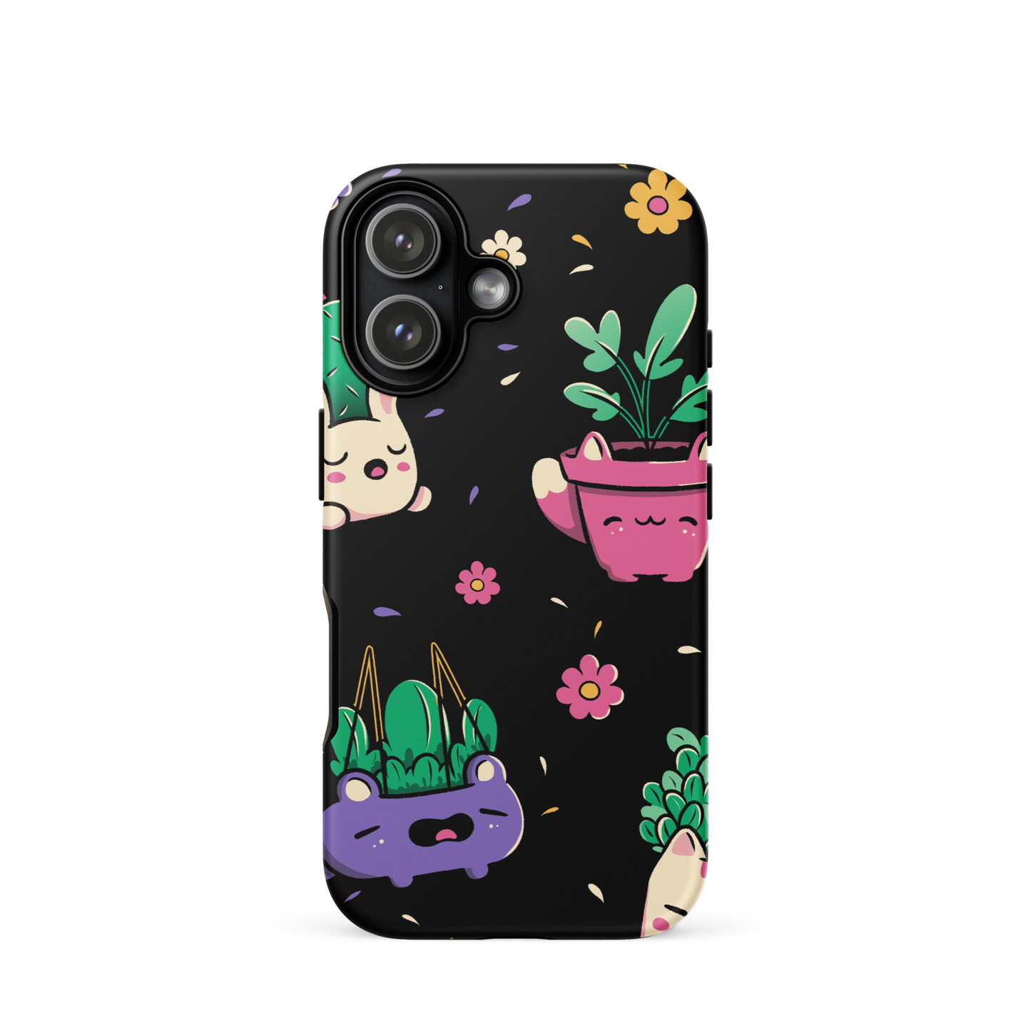 An endearing pattern featuring petite potted plants creatively shaped like adorable animals, arranged in a charming repeating composition. This enchanting design is perfect for plant enthusiasts who adore greenery and love surrounding themselves with whimsical, nature-inspired details.