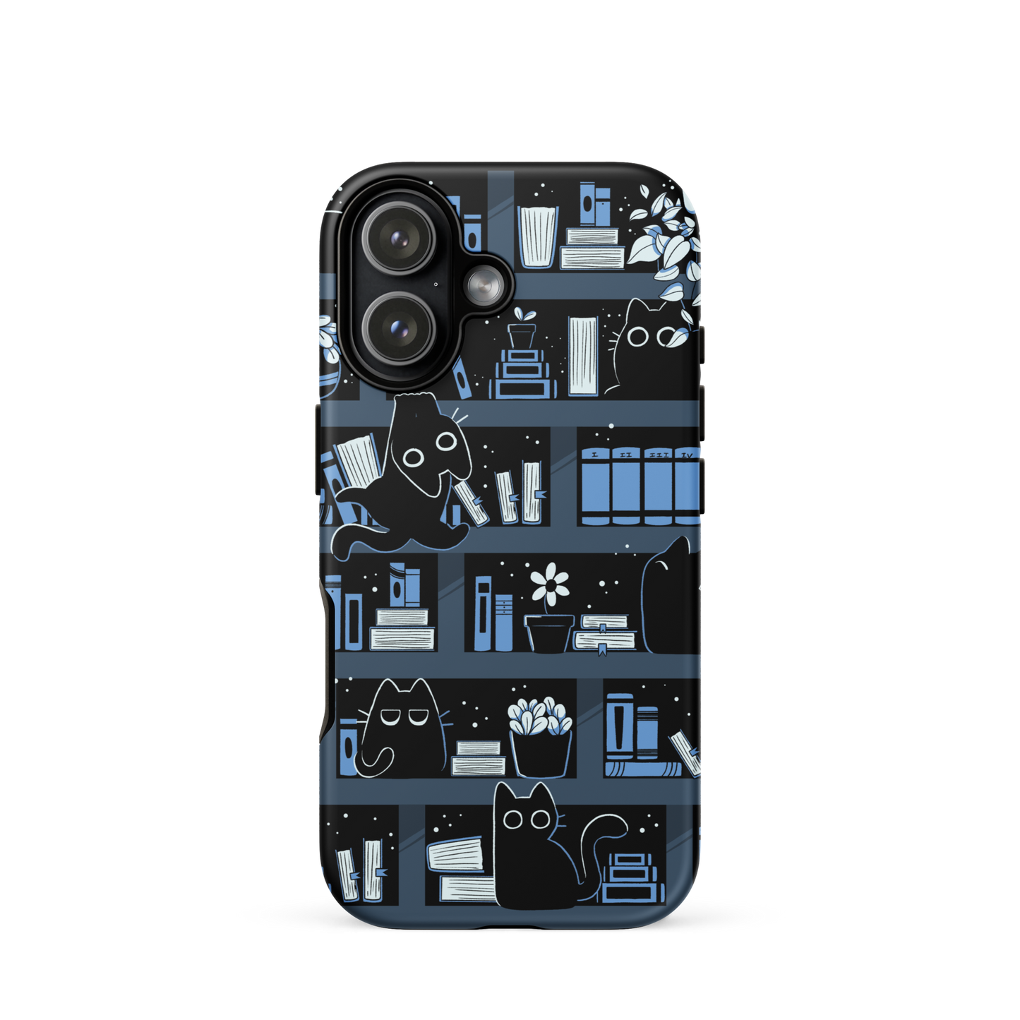 A pattern designed to resemble one large bookshelf filled with books, plants and playful little black kittens tucked between the shelves. An artwork in shades of black and blue, perfect for those who love cats, books and plants.
