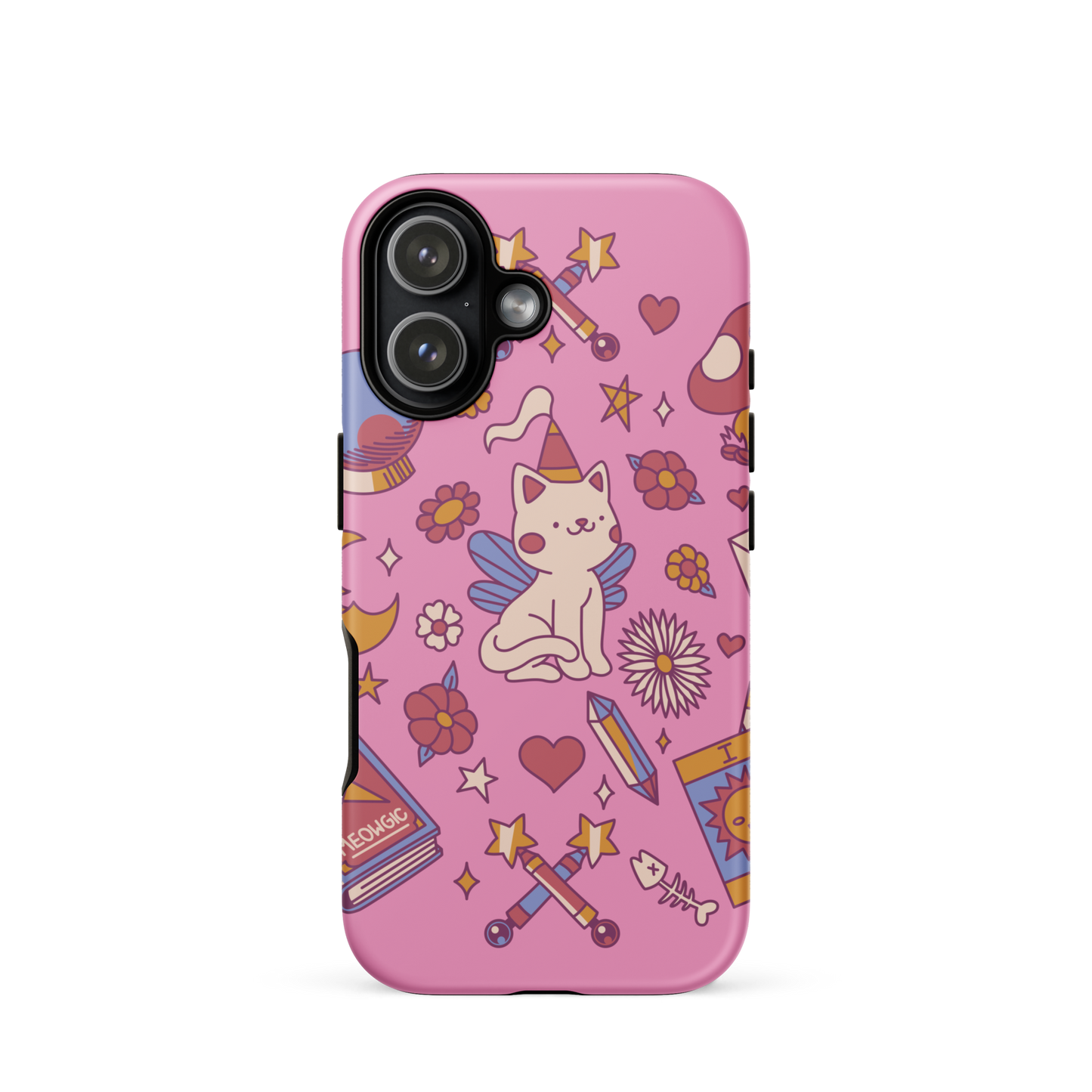 The artwork depicts a magical kitten with wings and a little hat, surrounded by crystals, flowers, tarot cards, mushrooms, and mystical elements in pastel shades. The design blends cute fantasy with colorful witchy aesthetics, creating an enchanting, lighthearted composition full of fun details. Perfect for lovers of cute mysticism, tarot, magical cats, and anyone who enjoys colorful prints with a magical vibe.