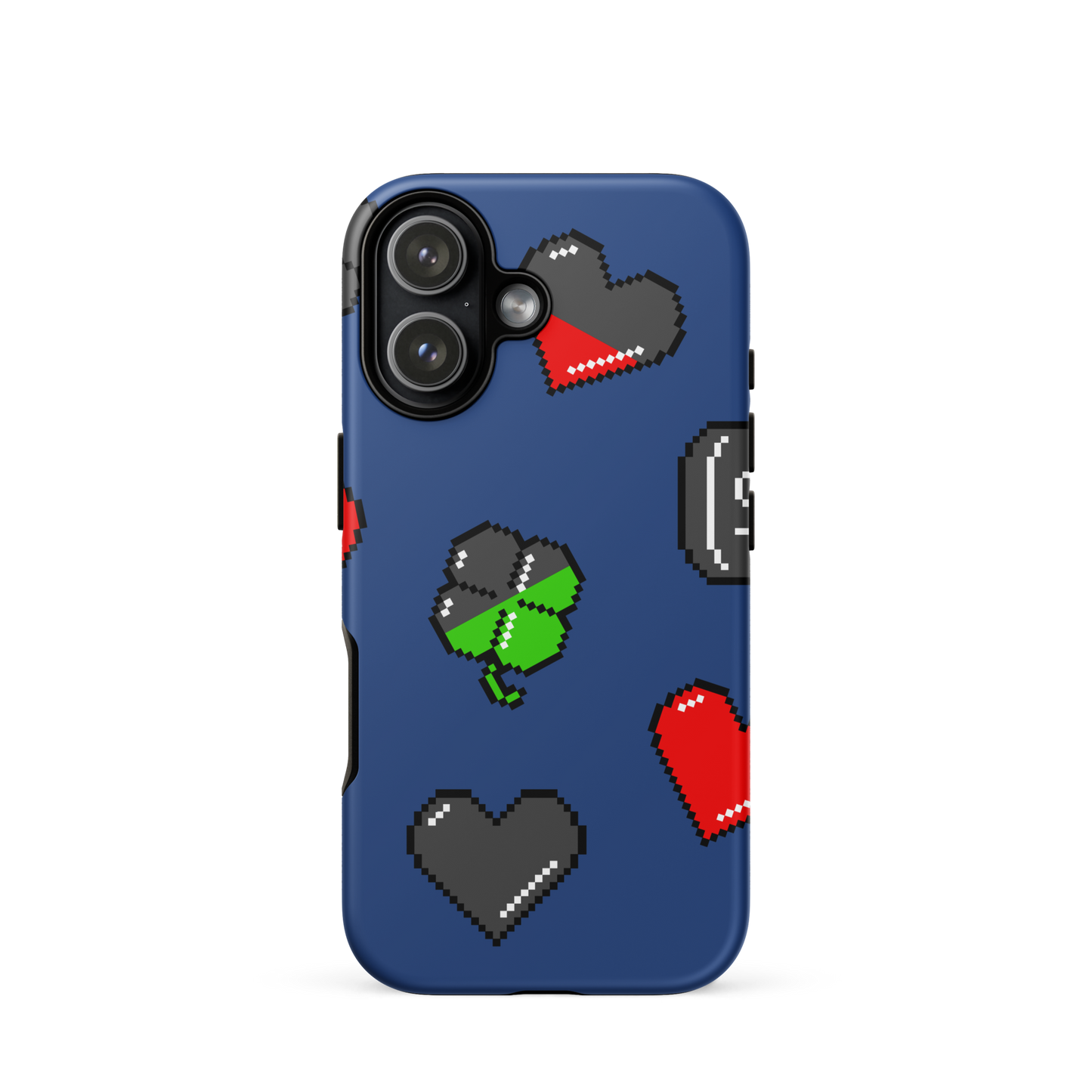 A repeating pattern made of 8-bit video game icons like hearts, four-leaf clovers, and coins. A nostalgic pixel art design inspired by classic games and retro digital culture.